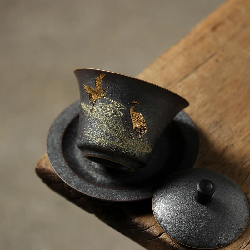 chinese jingdezhen handmade vintage gilded – Jingdezhen Handmade Vintage Gilded Double Crane Gaiwan by Kungfuyang