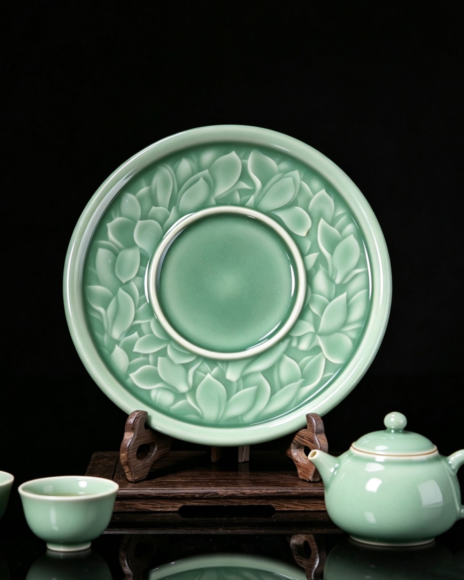Premium handcrafted Longquan celadon magnolia pattern teapot tray, durable kung fu tea water catching saucer by Kungfuyang