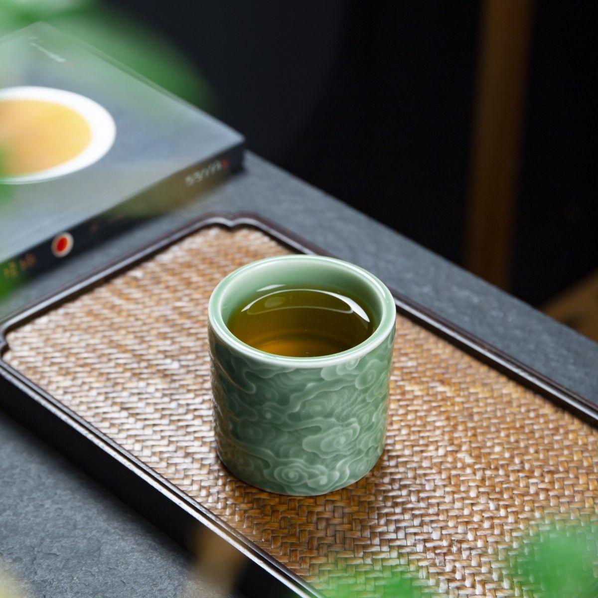 longquan celadon cloud motif plum green – Longquan Celadon Cloud-Embossed Plum Green Cylinder Cup by Kungfuyang