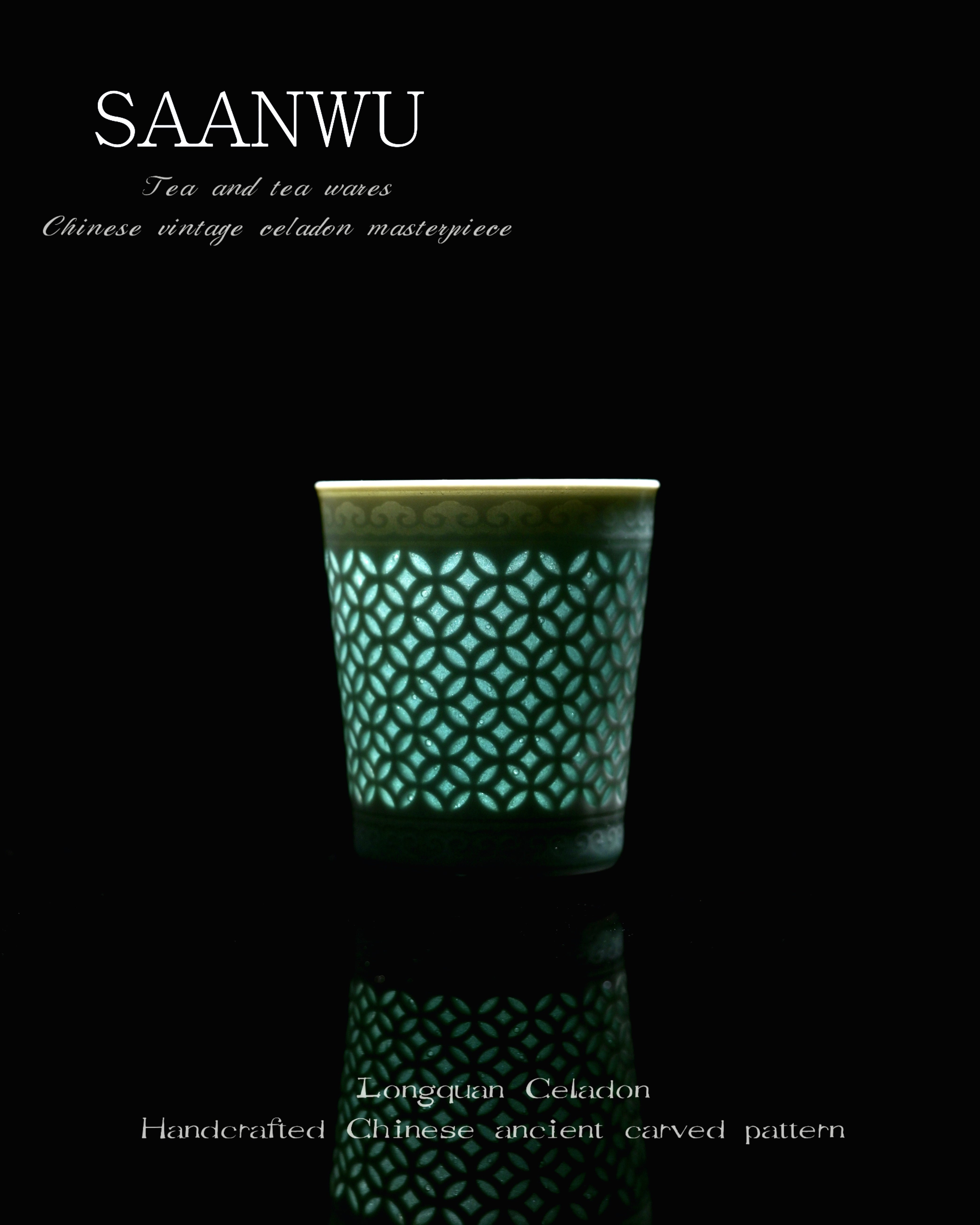 Chinese intangible cultural heritage Longquan celadon linglong tea cup, hand carved hollow lattice jade green ceramic tea mug