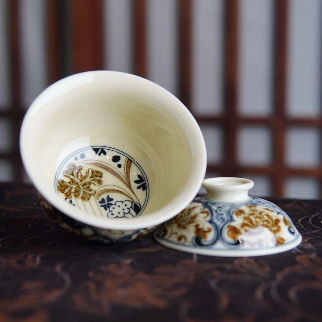Kungfuyang Hand-Painted Underglaze Gold "Copper Coin" Lotus Gaiwan Set, product view 4