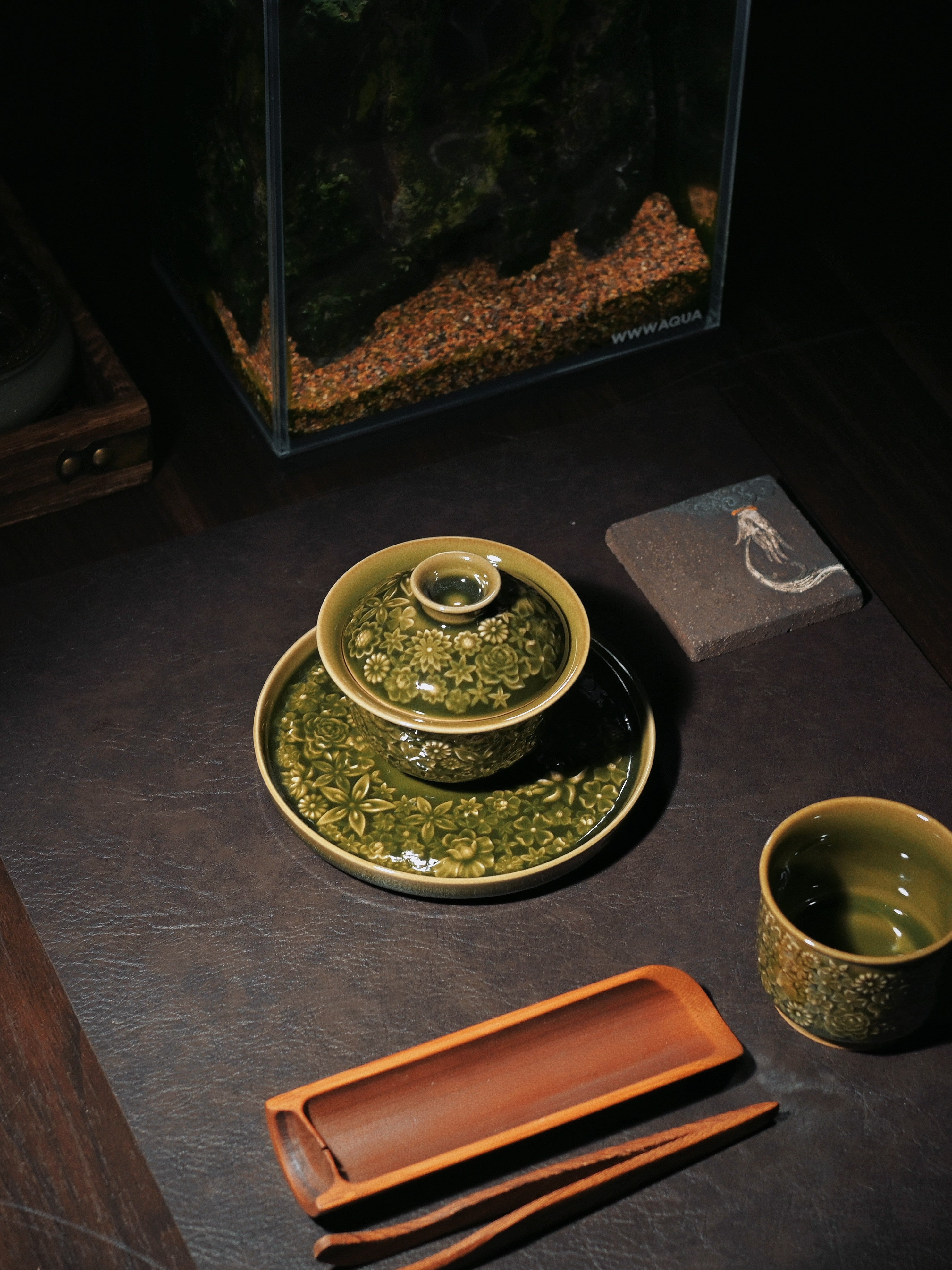 longquan celadon relief carving floral – Longquan Celadon "Hundred Flowers" Relief-Carved Three-Piece by Kungfuyang, view 6-2