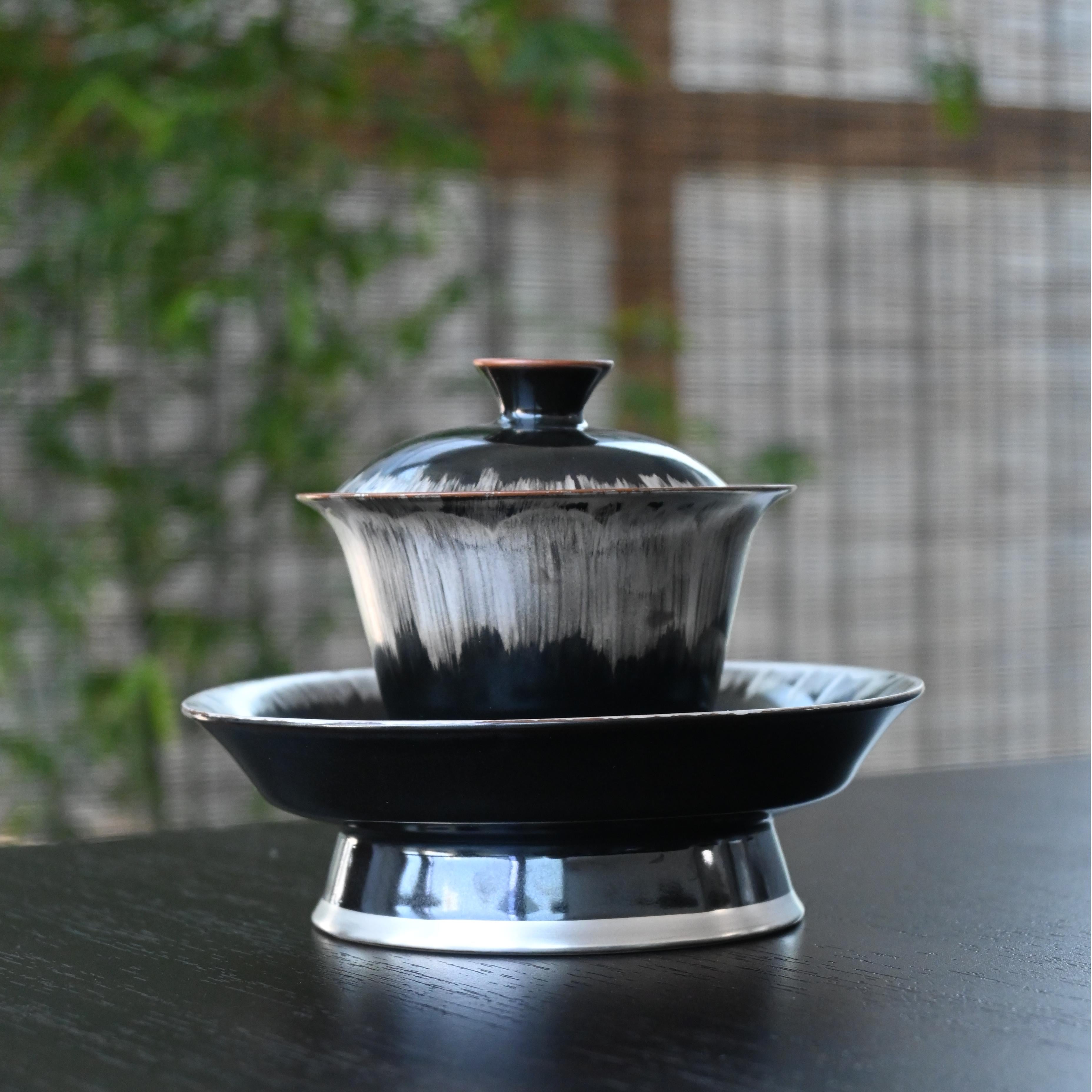 Kungfuyang Silver-glazed Black and White Gaiwan with Saucer, product view 6