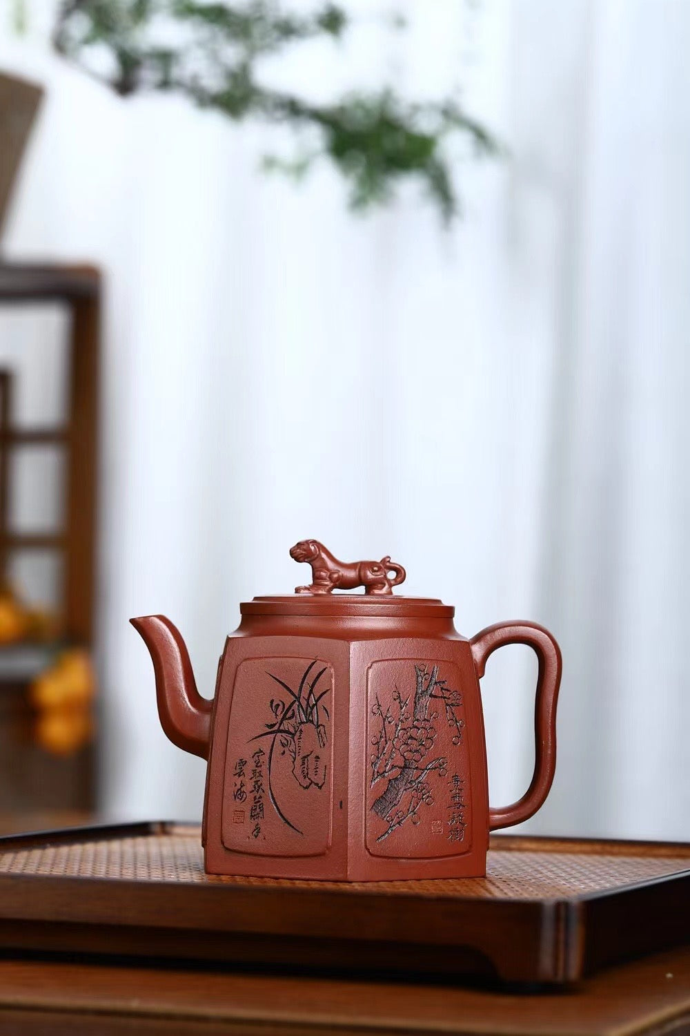 Handmade hexagon Yixing Zisha teapot with Jaguar art design by Kungfuyang