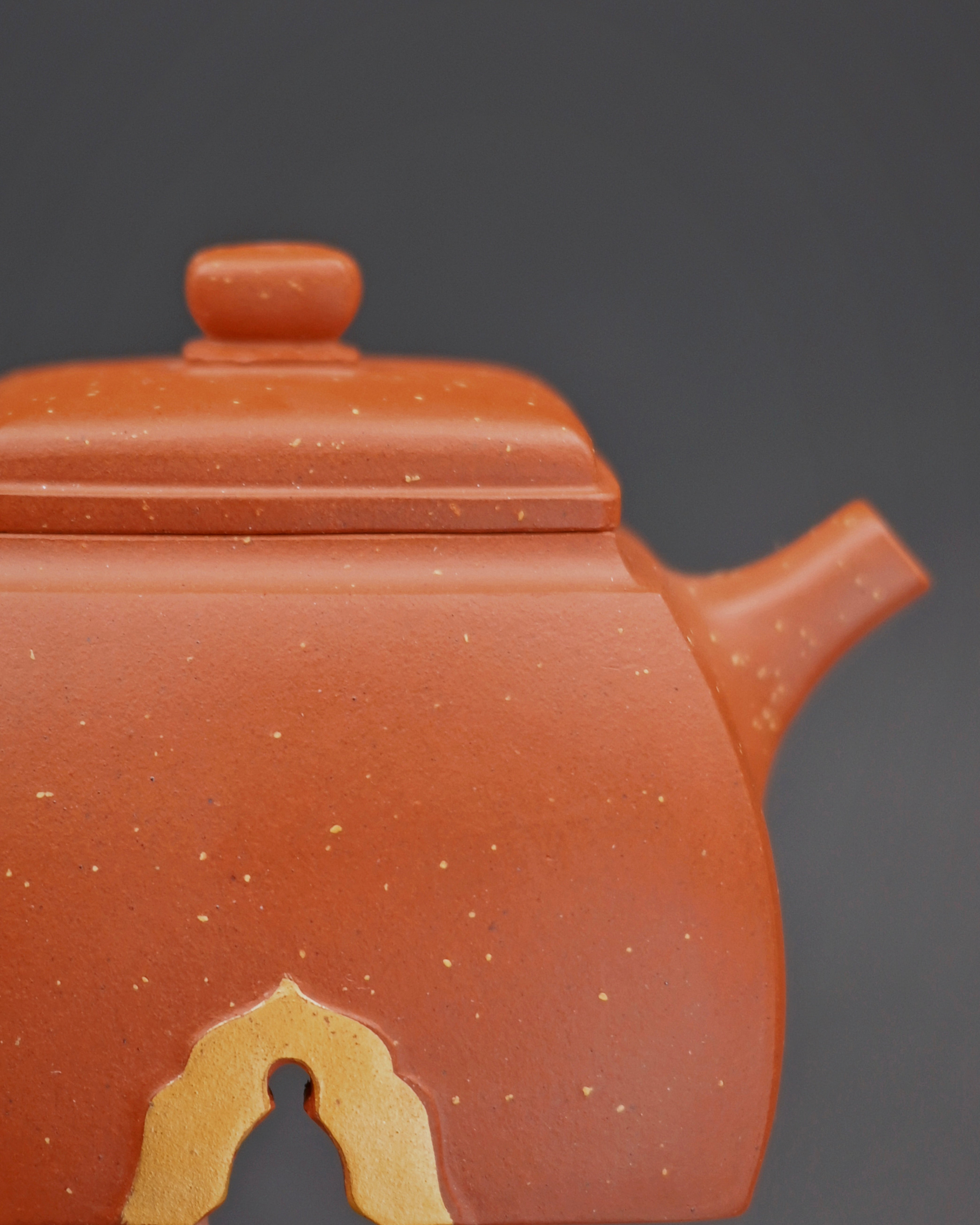 Yixing teapot with carved Buddha relief and structured square silhouette by Kungfuyang