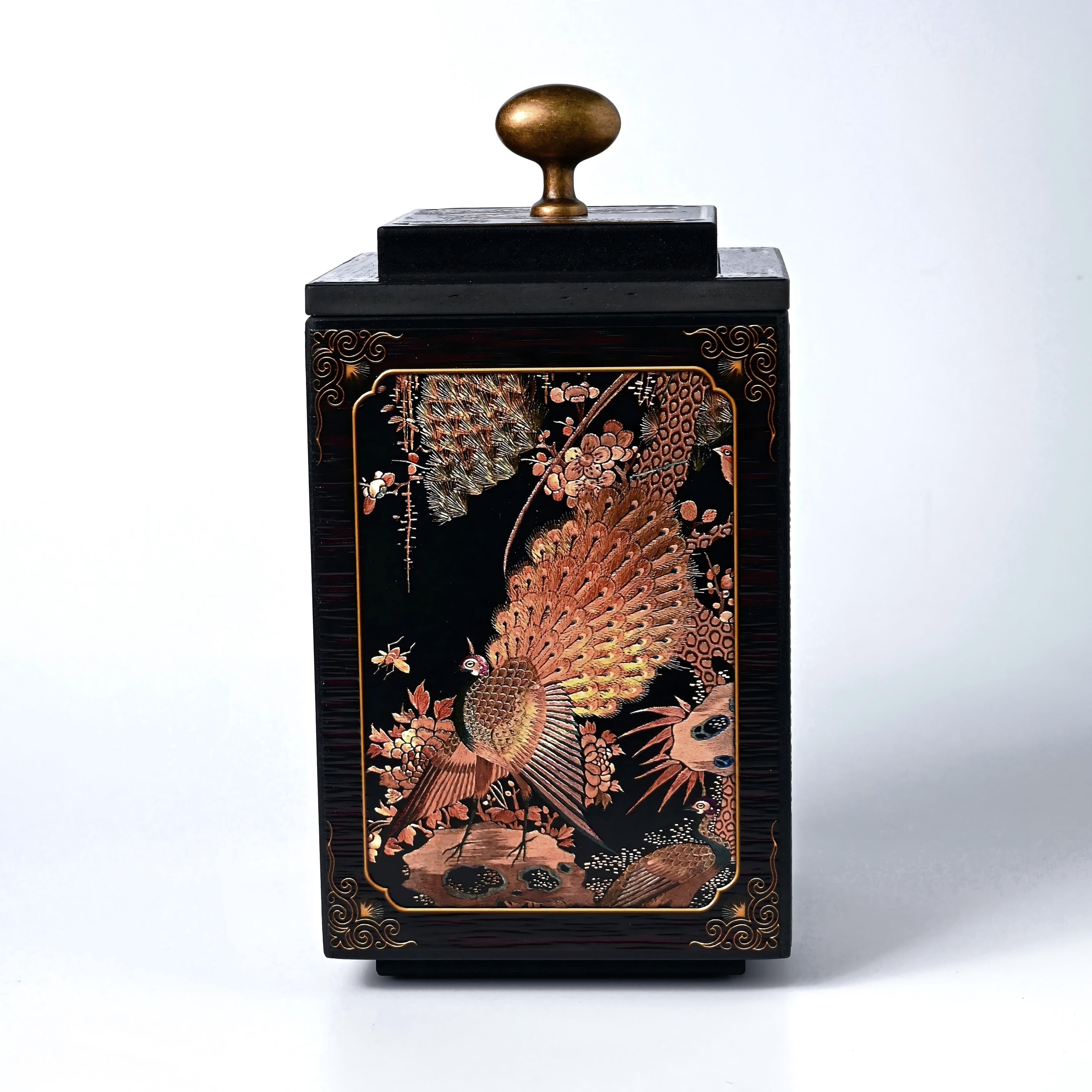 Chinese retro style tea caddy with hundred birds worshipping phoenix design, made from anion bamboo charcoal material by