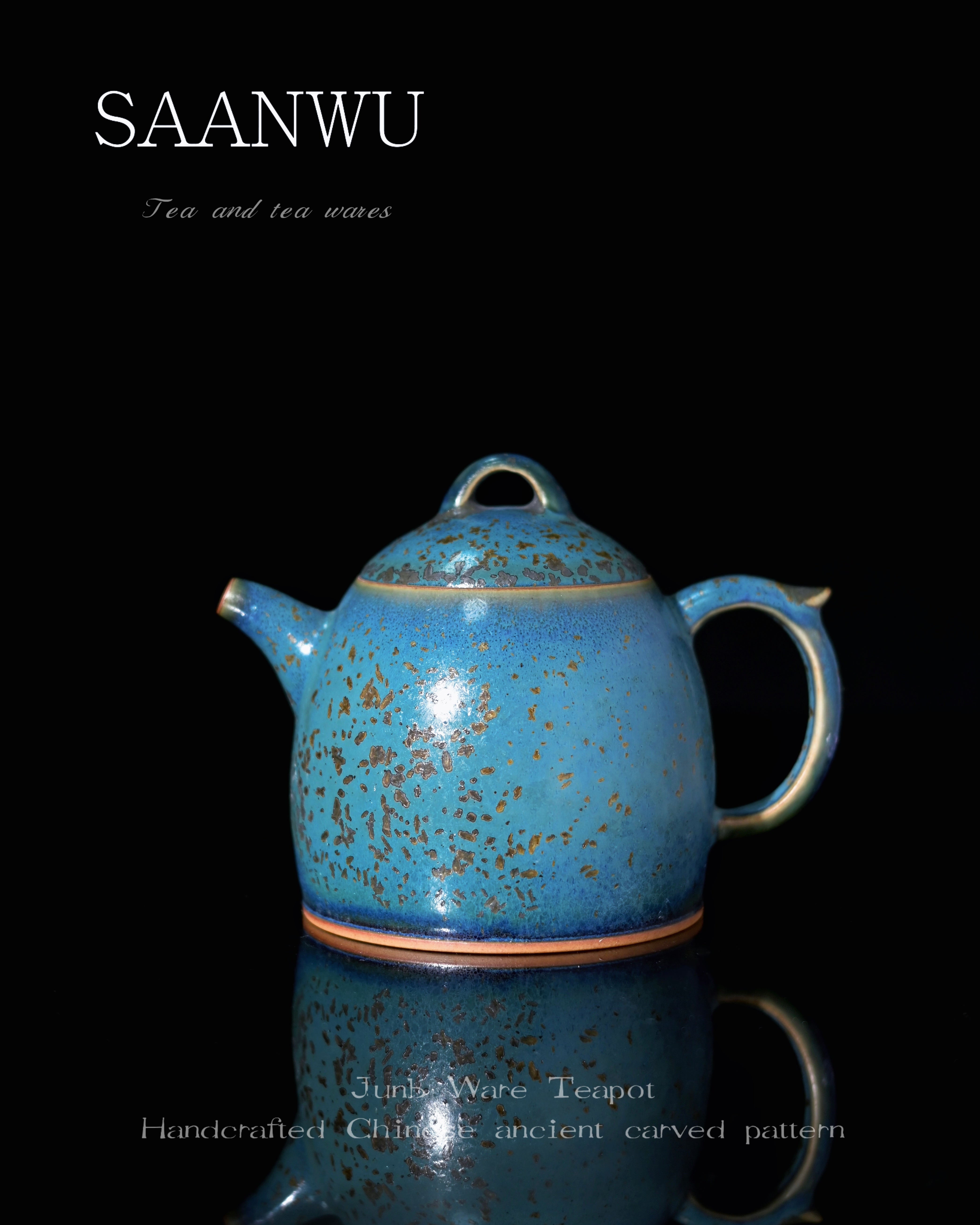 Jun ware Qin Quan teapot with pine-green celadon glaze and carbon-crystallized speckling resembling starry night sky by