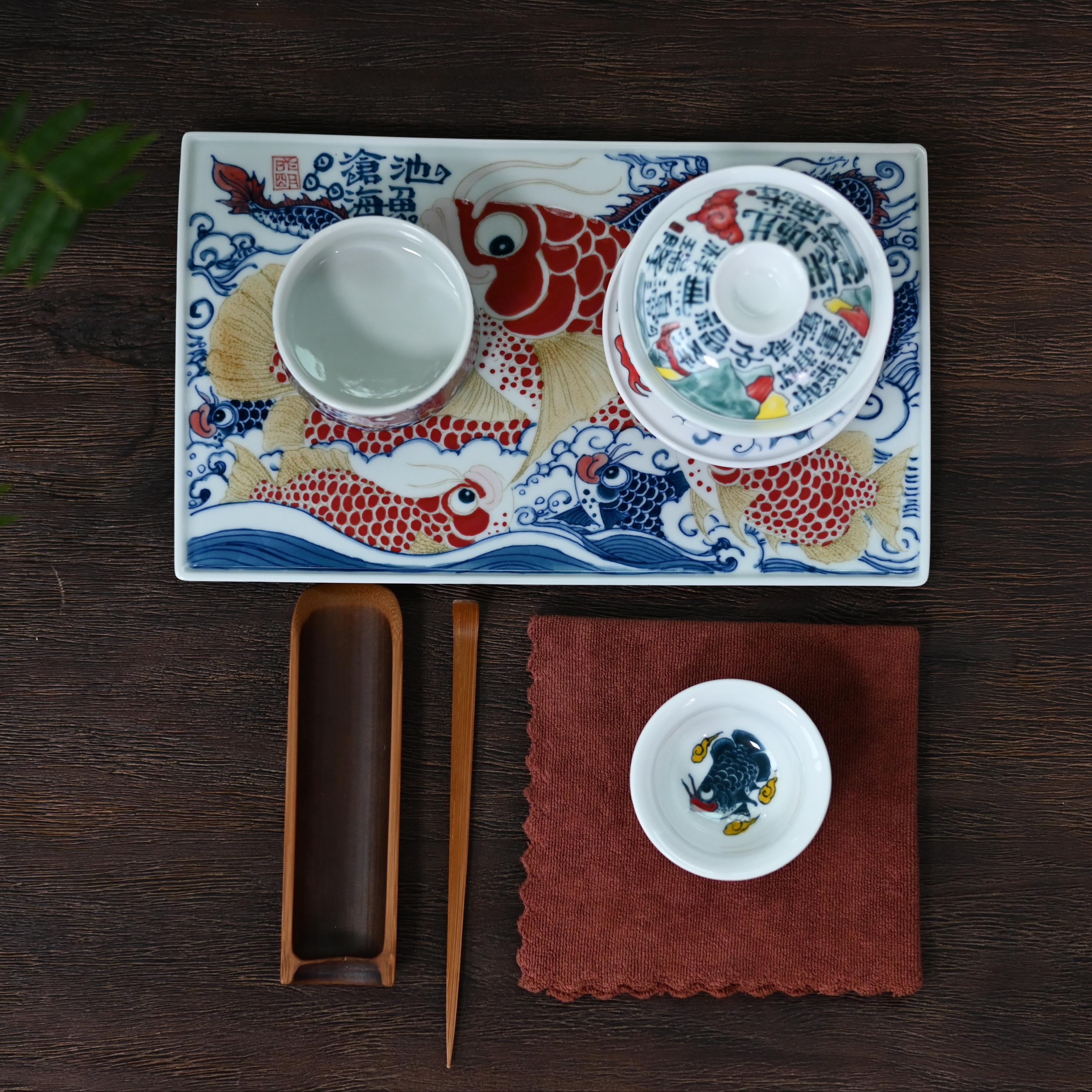 Kungfuyang Underglaze Polychrome Dragon and Fish Dry Tea Tray, product view 11