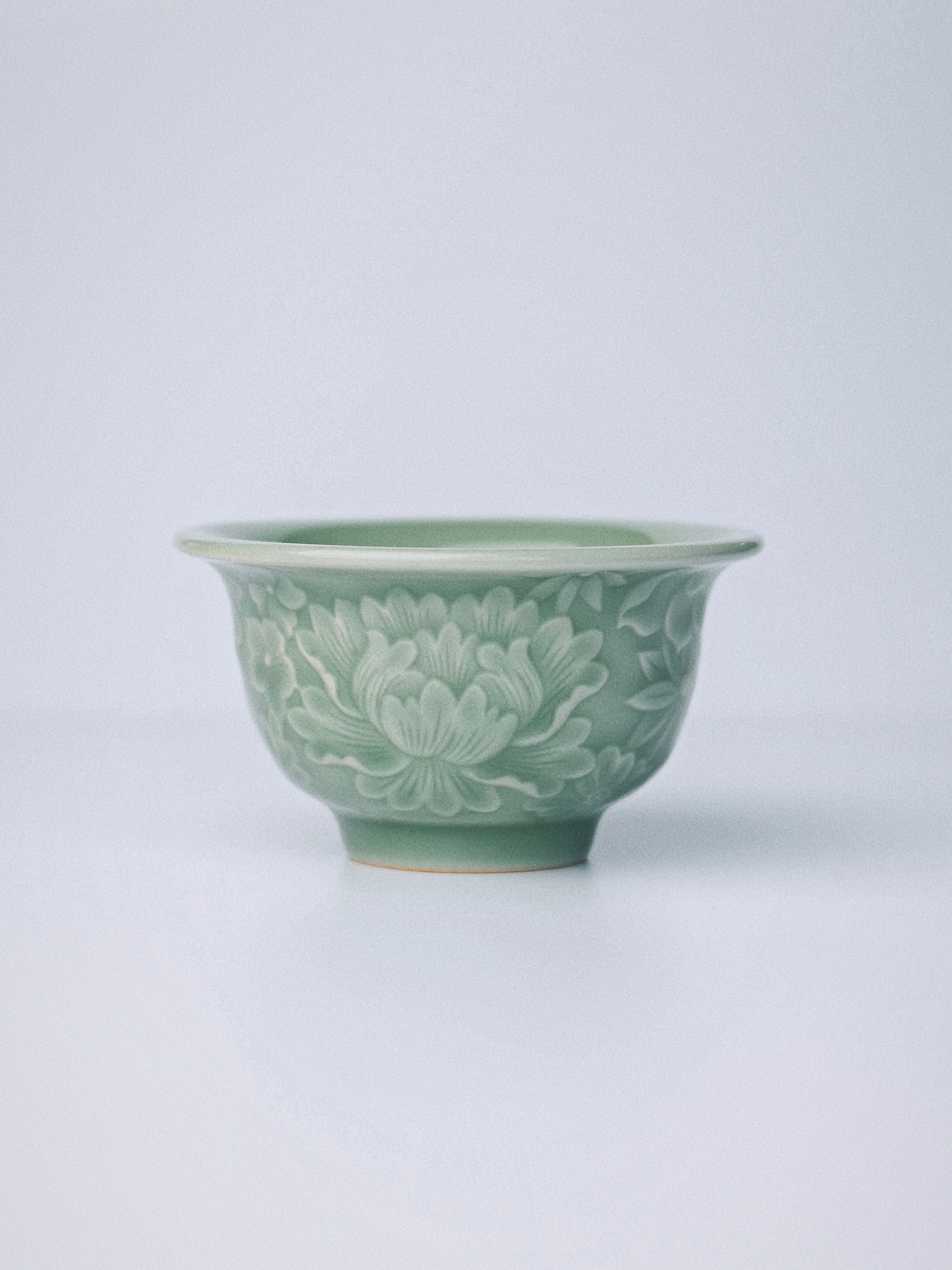 celadon plum green flowers press hand cup – Longquan Celadon Plum-Green Relief-Carved Flowers Press Hand by Kungfuyang