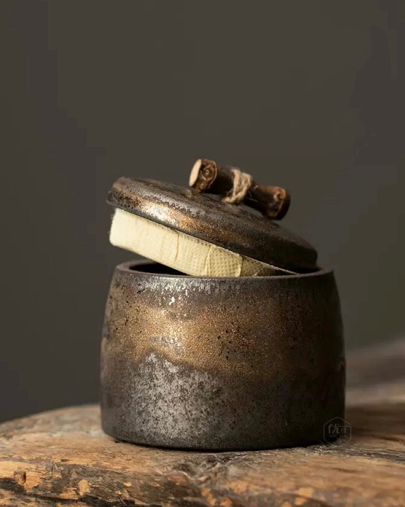 gilded vintage chinese small stoneware tea – Vintage Gilded Chinese Small Stoneware Tea Caddy by Kungfuyang