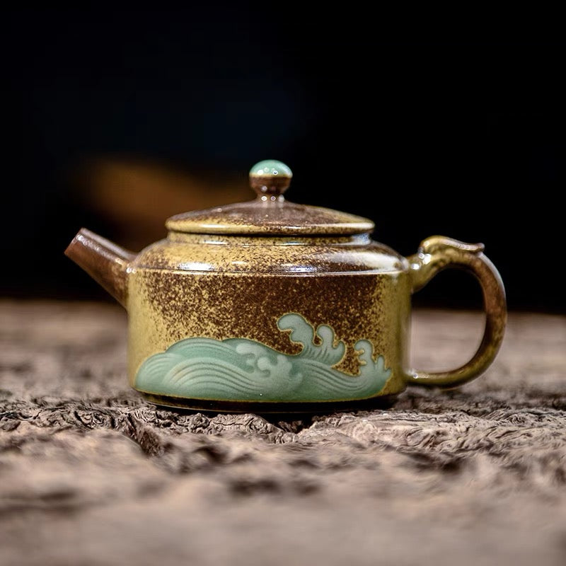 Kungfuyang Longquan Celadon Teapot in Plum Green with Plant Ash Glaze, product view 5