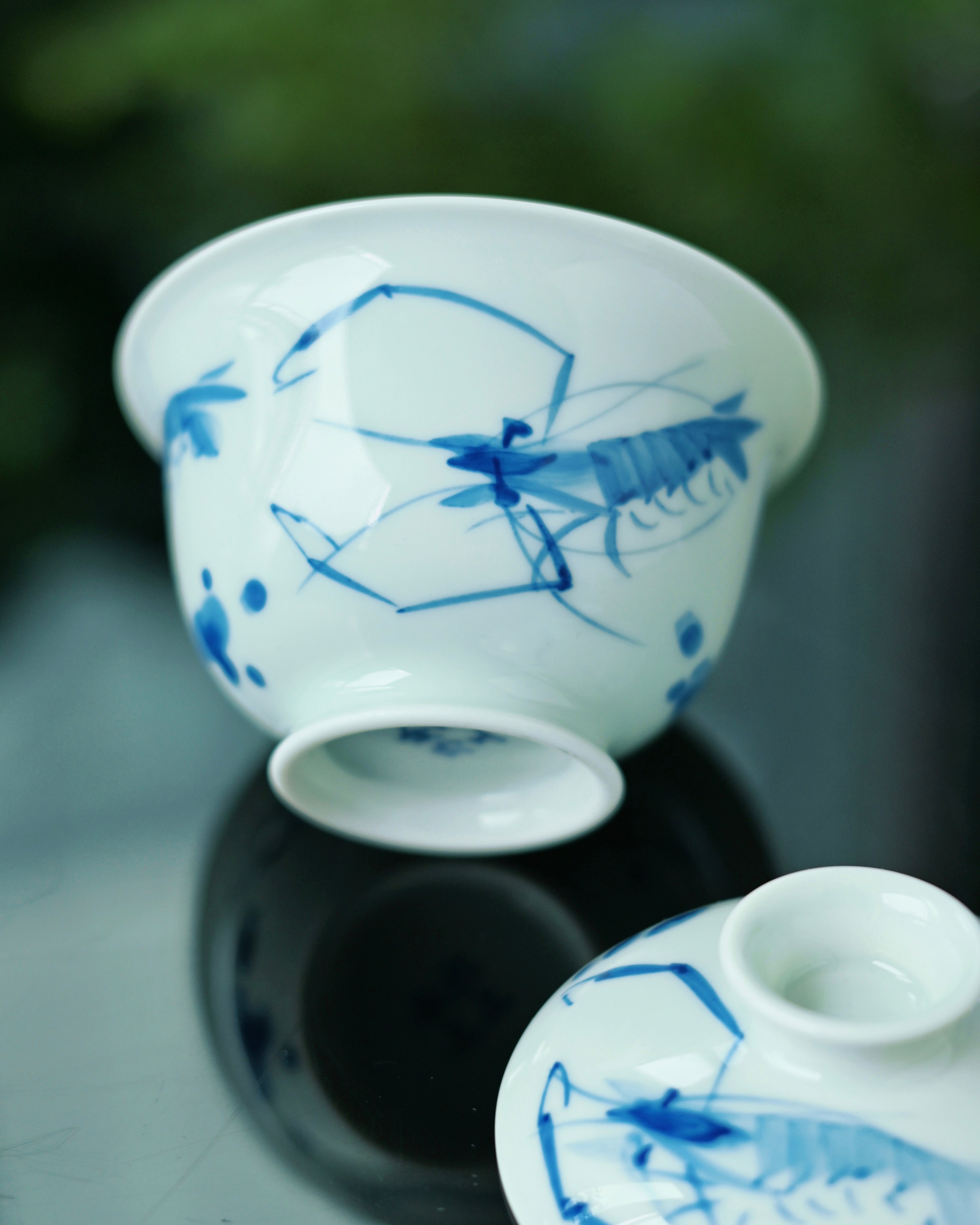 artisanal blue and white gaiwan set – Jingdezhen Hand-Painted Shrimp Blue and White Porcelain by Kungfuyang