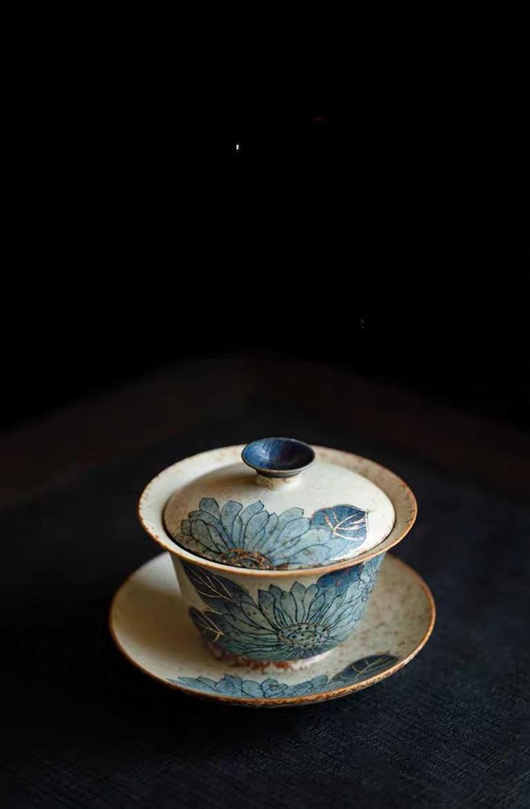 Blue and White Porcelain – Retro Hand-Painted Lotus Design Caramel Glaze Vintage Tea Bowl by Kungfuyang