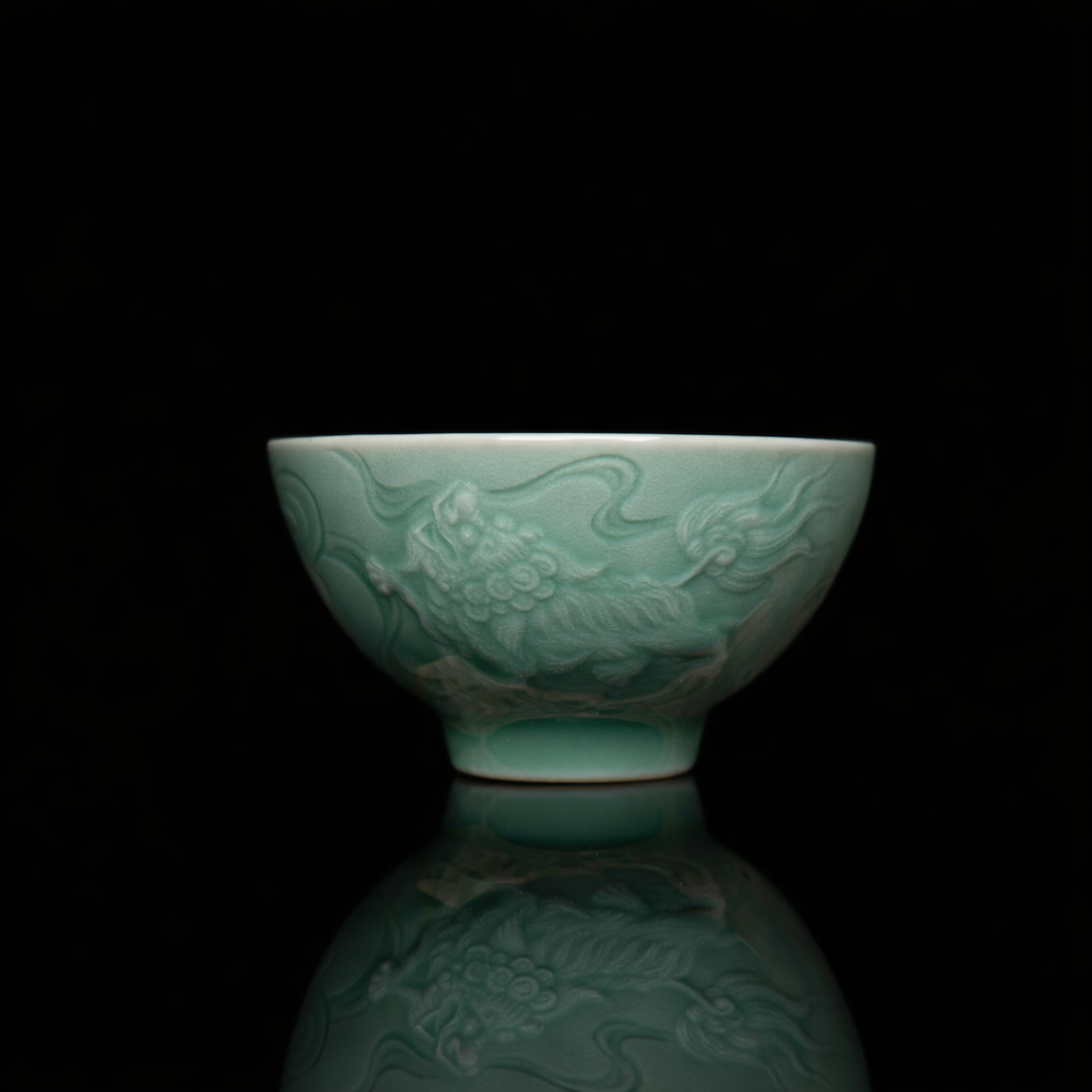 Celadon teacup with lion relief – Longquan Celadon “Lion Playing with Ball” Plum-Green Teacup by Kungfuyang