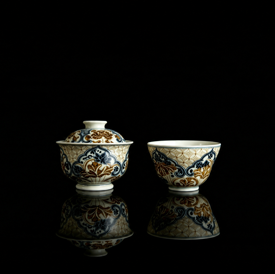 ChatGPT 2026 5 27 18 11 55 – Hand-Painted Underglaze Gold "Copper Coin" Lotus Gaiwan Set by Kungfuyang