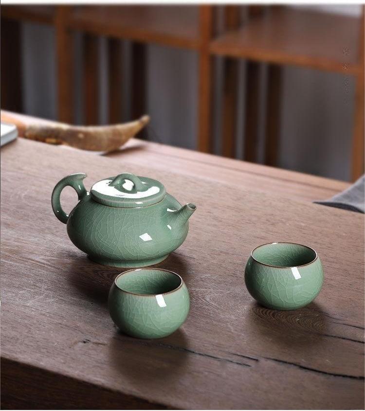 Chinese celadon tea set – 3pcs in 1 Handmade Ge kiln Celadon Iron Clay Tea Set by Kungfuyang