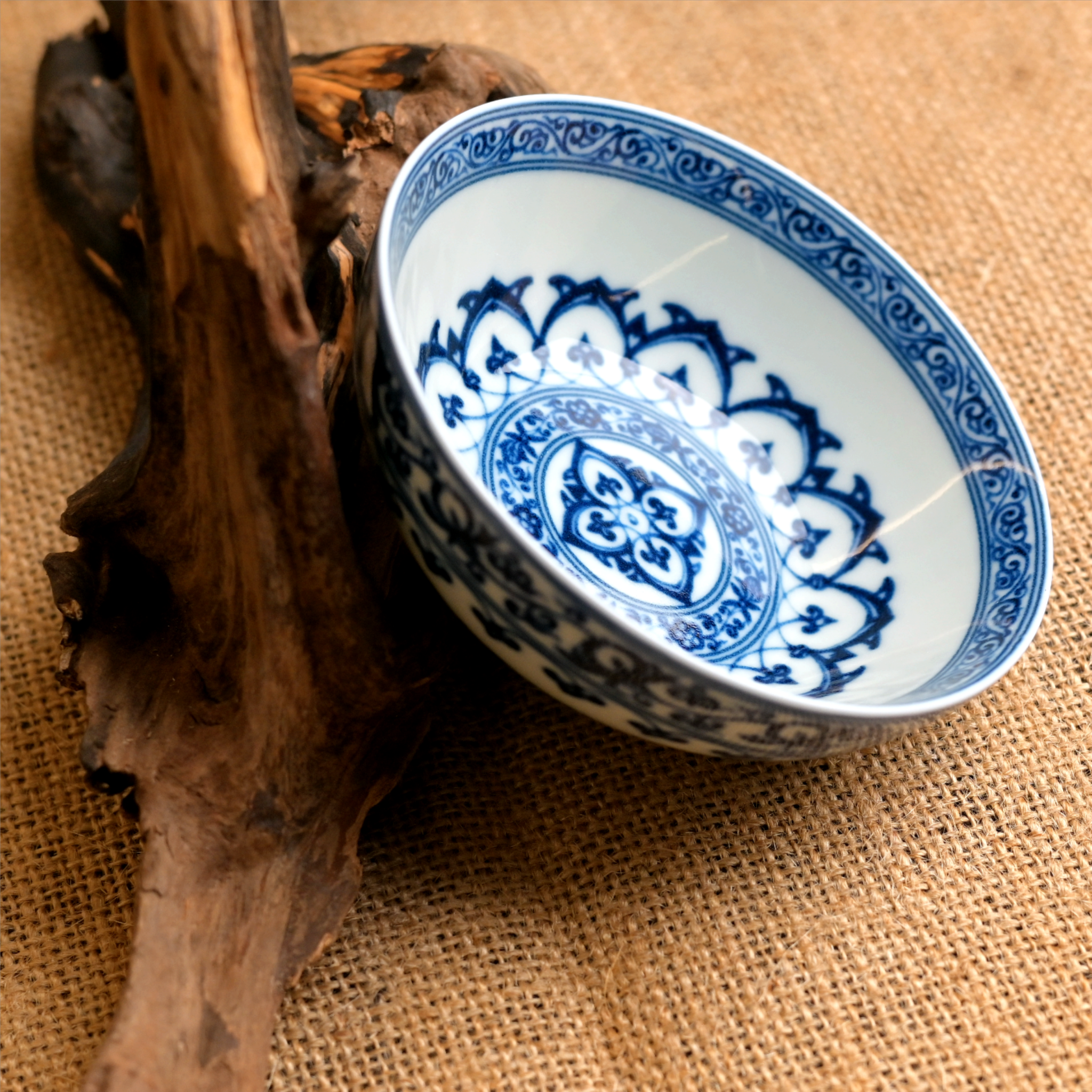 Kungfuyang Blue and White Underglaze Porcelain Cup with Scrolling Lotus, product view 9