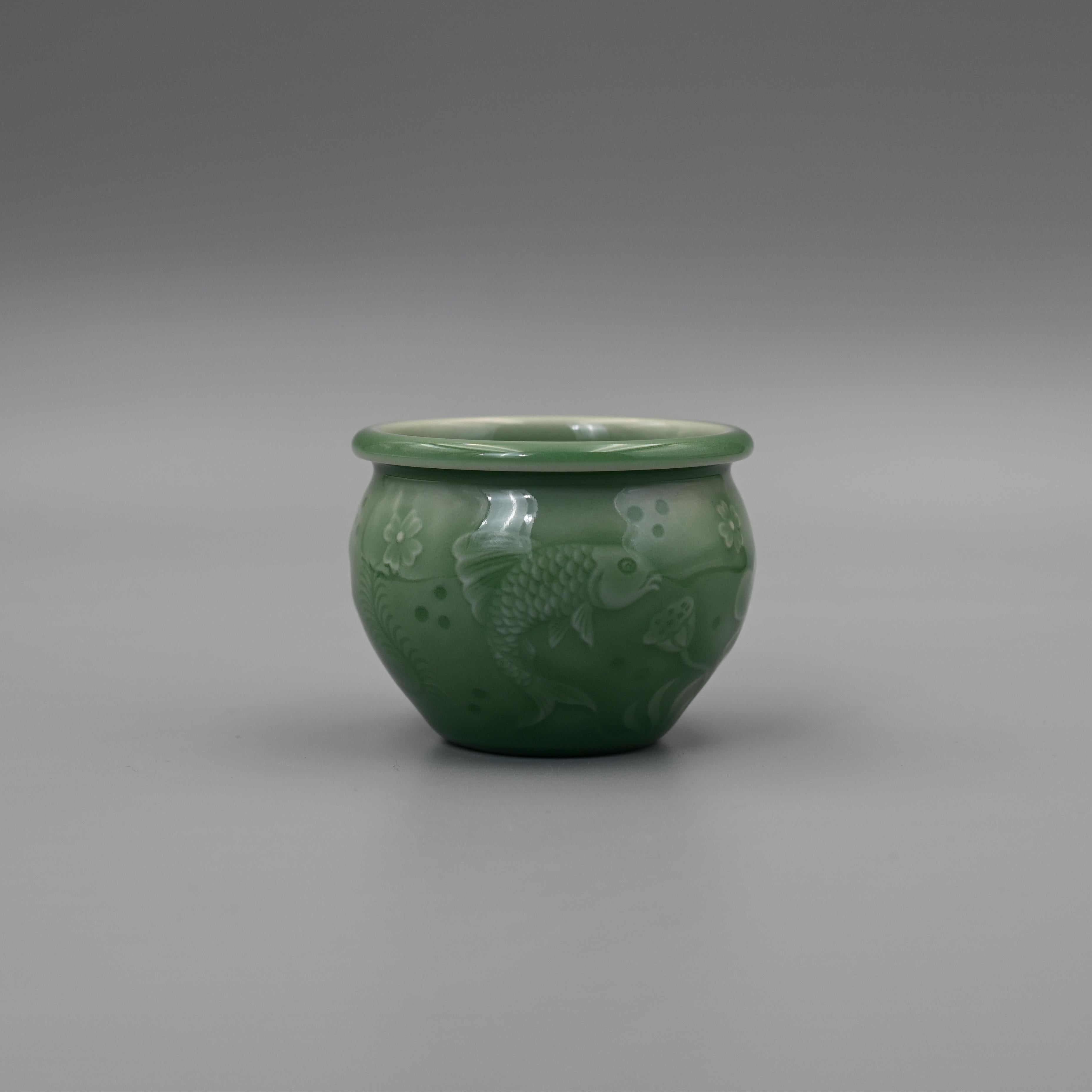 Kungfuyang Longquan Celadon Plum Green Hand-Carved Fish and Algae Pattern, product view 1