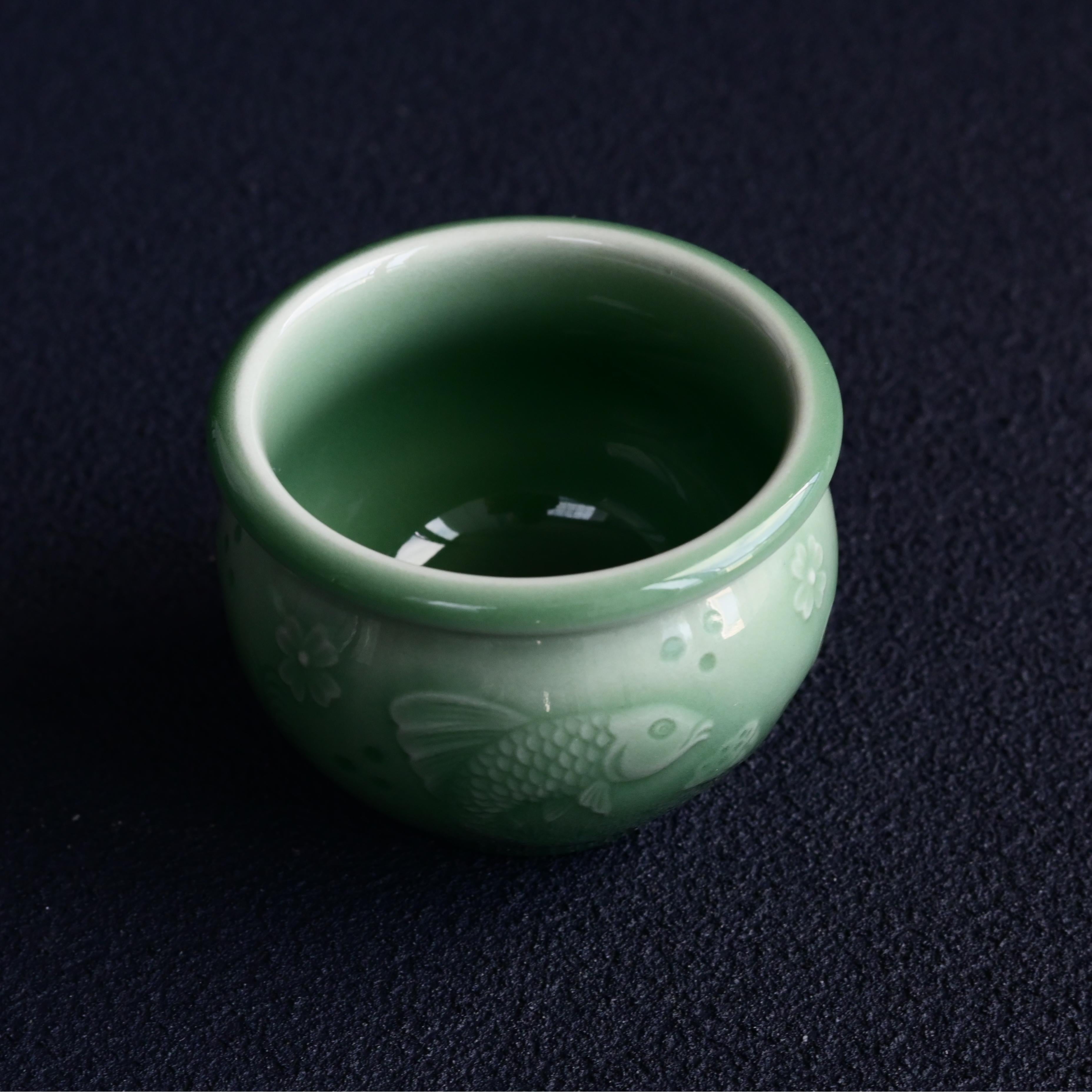 Kungfuyang Longquan Celadon Plum Green Hand-Carved Fish and Algae Pattern, product view 2
