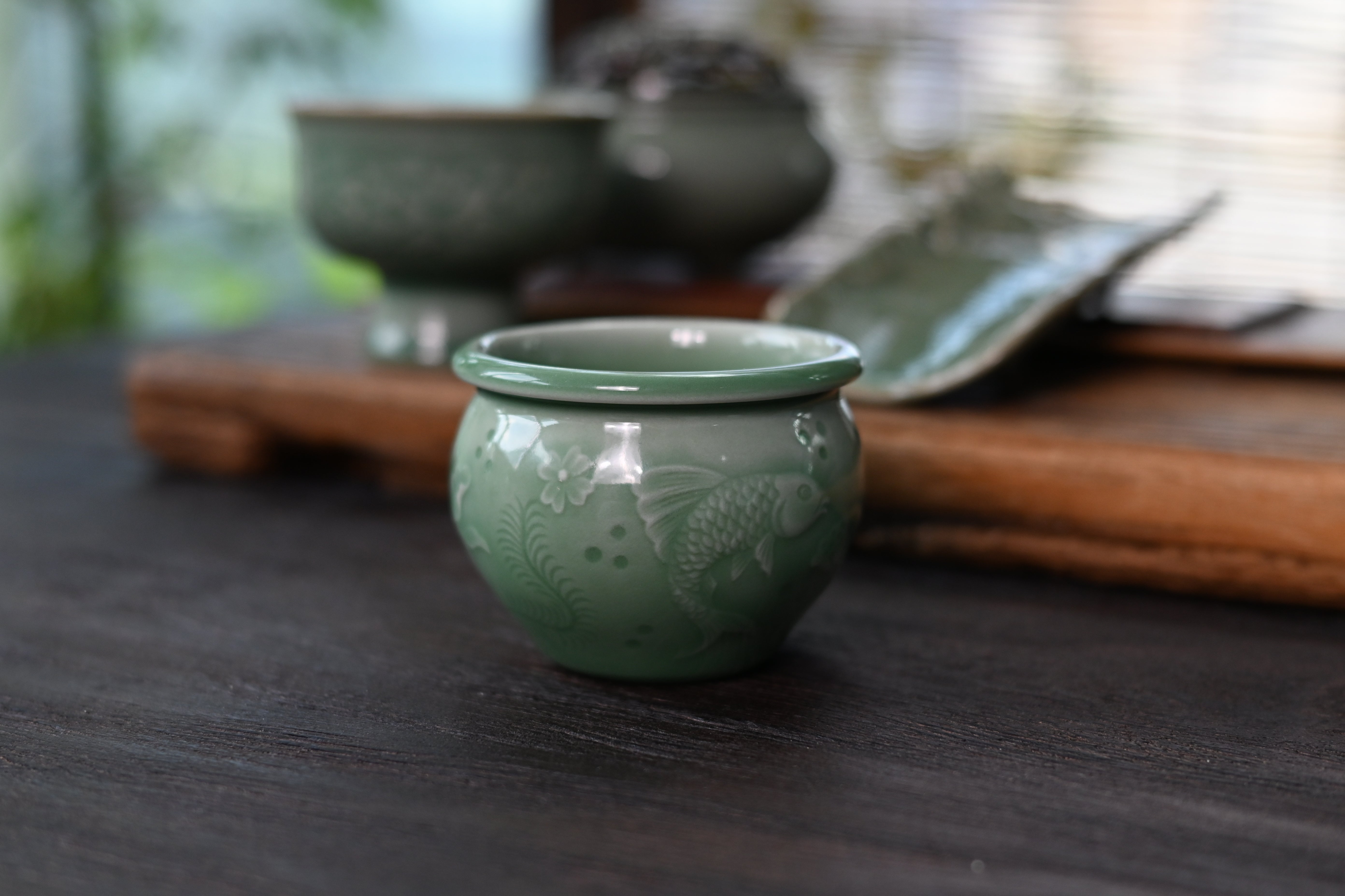 Kungfuyang Longquan Celadon Plum Green Hand-Carved Fish and Algae Pattern, product view 6