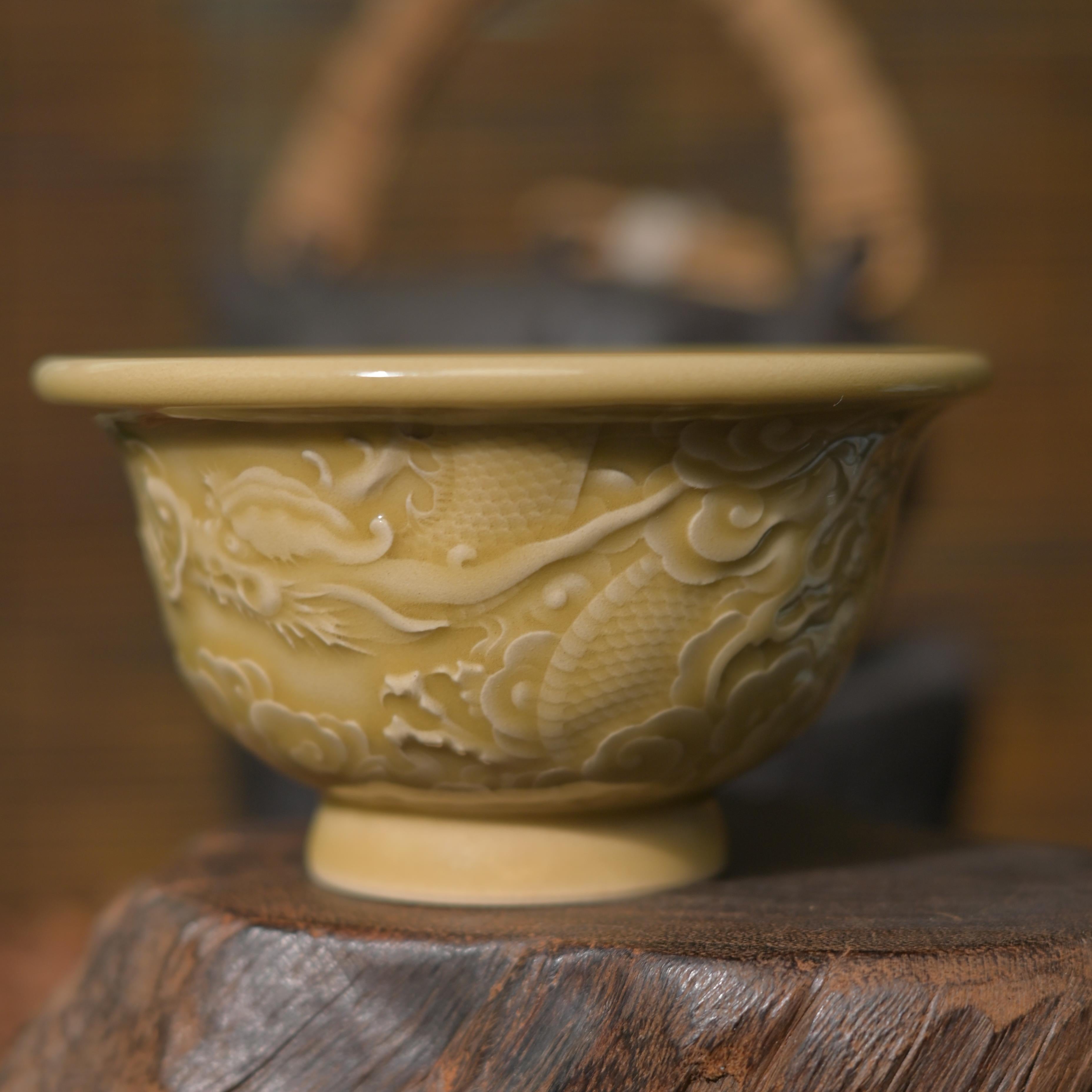 Kungfuyang Longquan Celadon Hand-Carved Dragon Relief Golden Glaze Teacup, product view 4