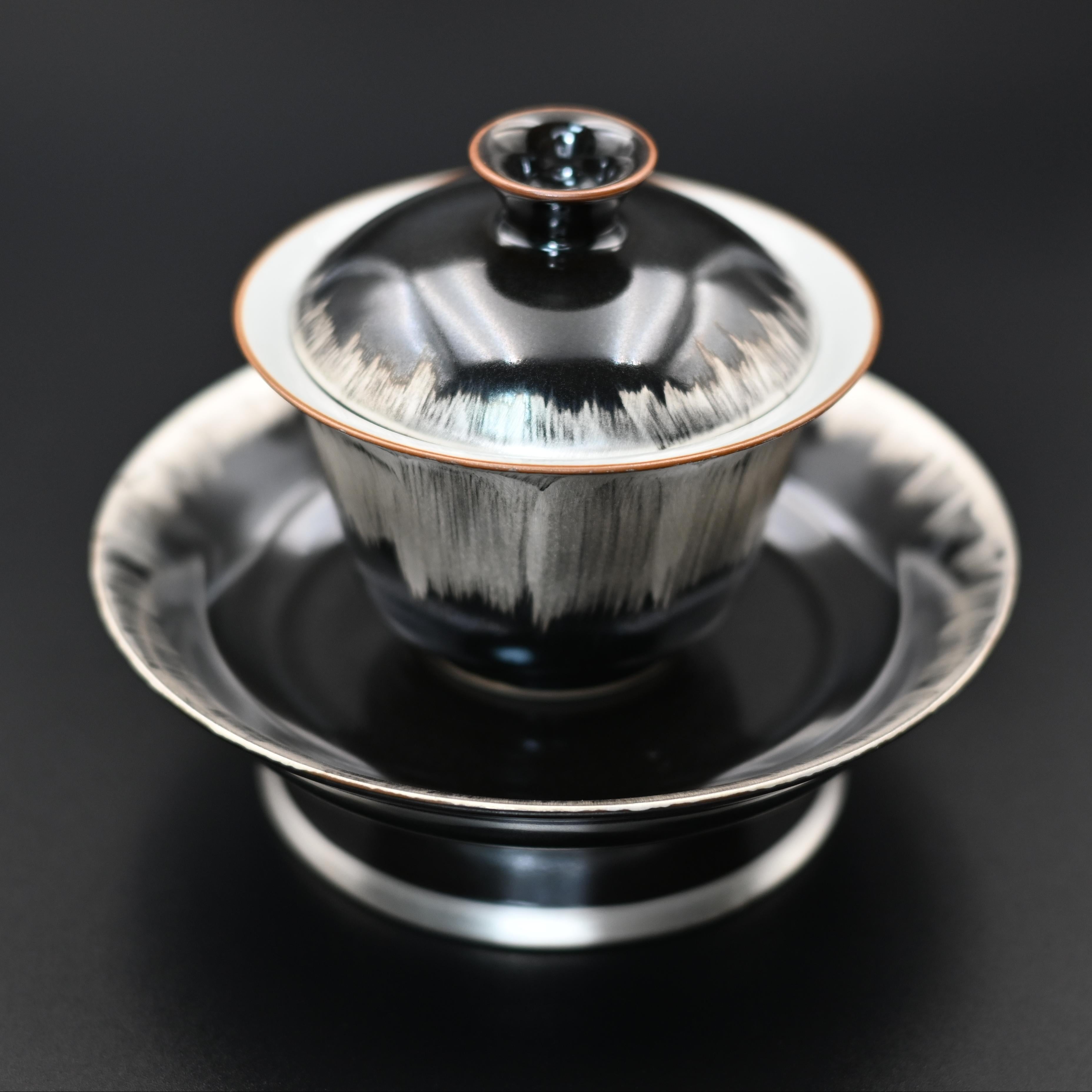 Kungfuyang Silver-glazed Black and White Gaiwan with Saucer, product view 2