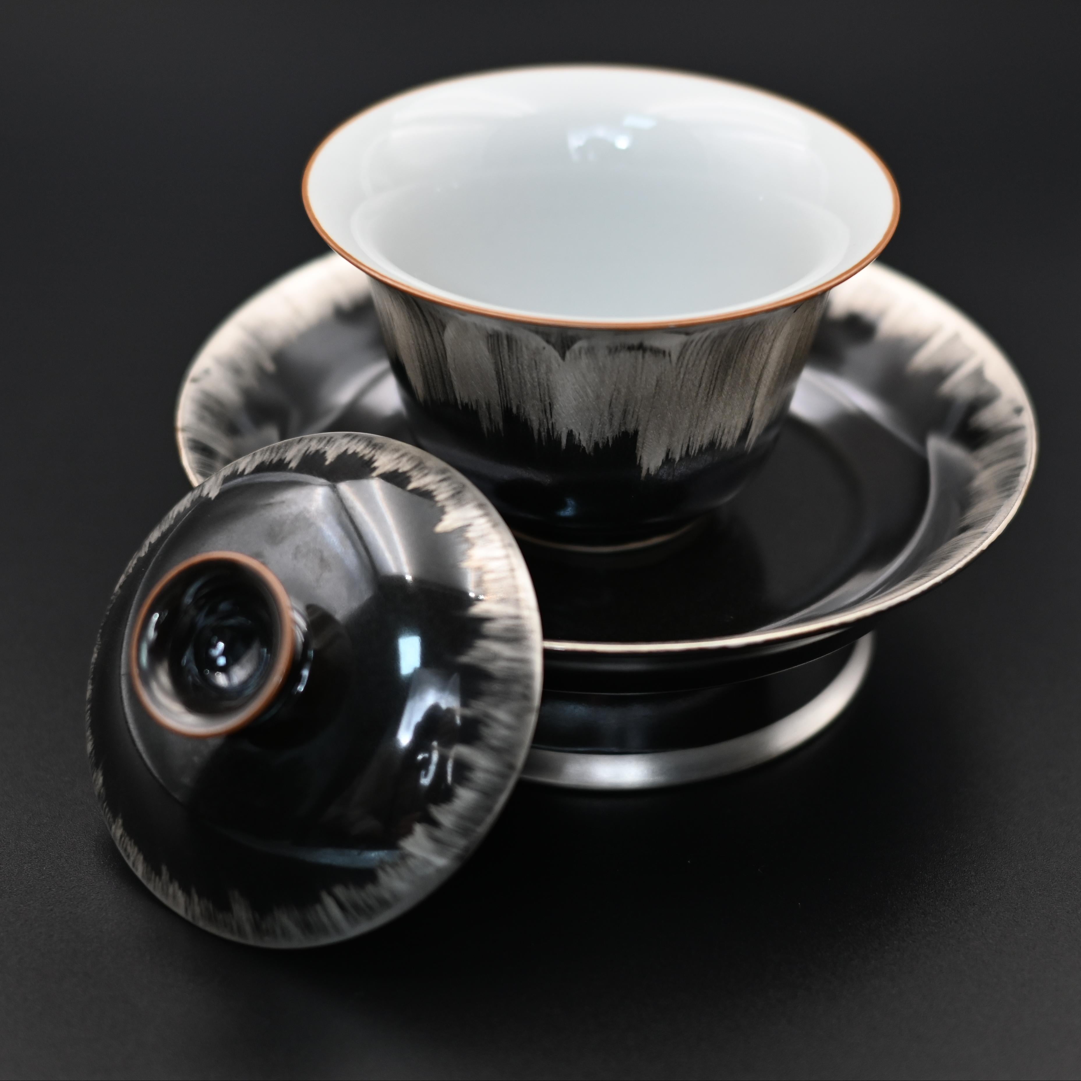 Kungfuyang Silver-glazed Black and White Gaiwan with Saucer, product view 3