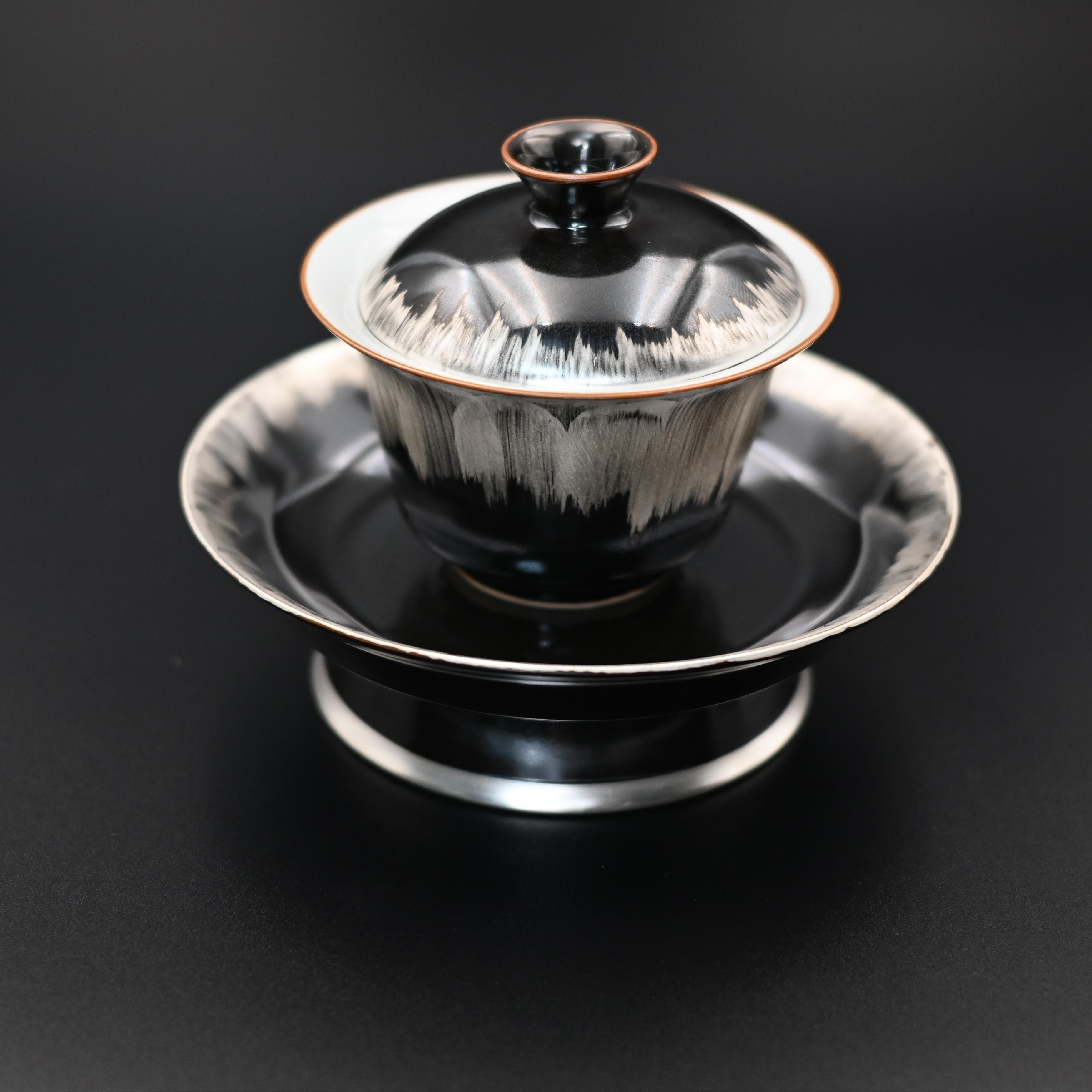 Kungfuyang Silver-glazed Black and White Gaiwan with Saucer, product view 4