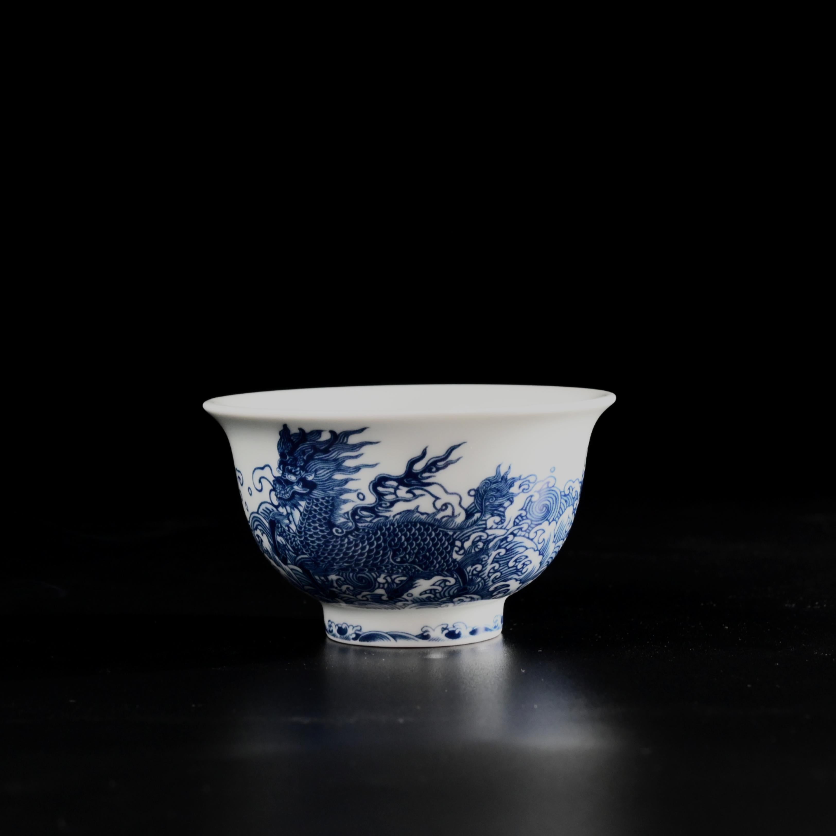 Kungfuyang Jingdezhen Blue and White Host Teacup with Qilin Design, product view 1