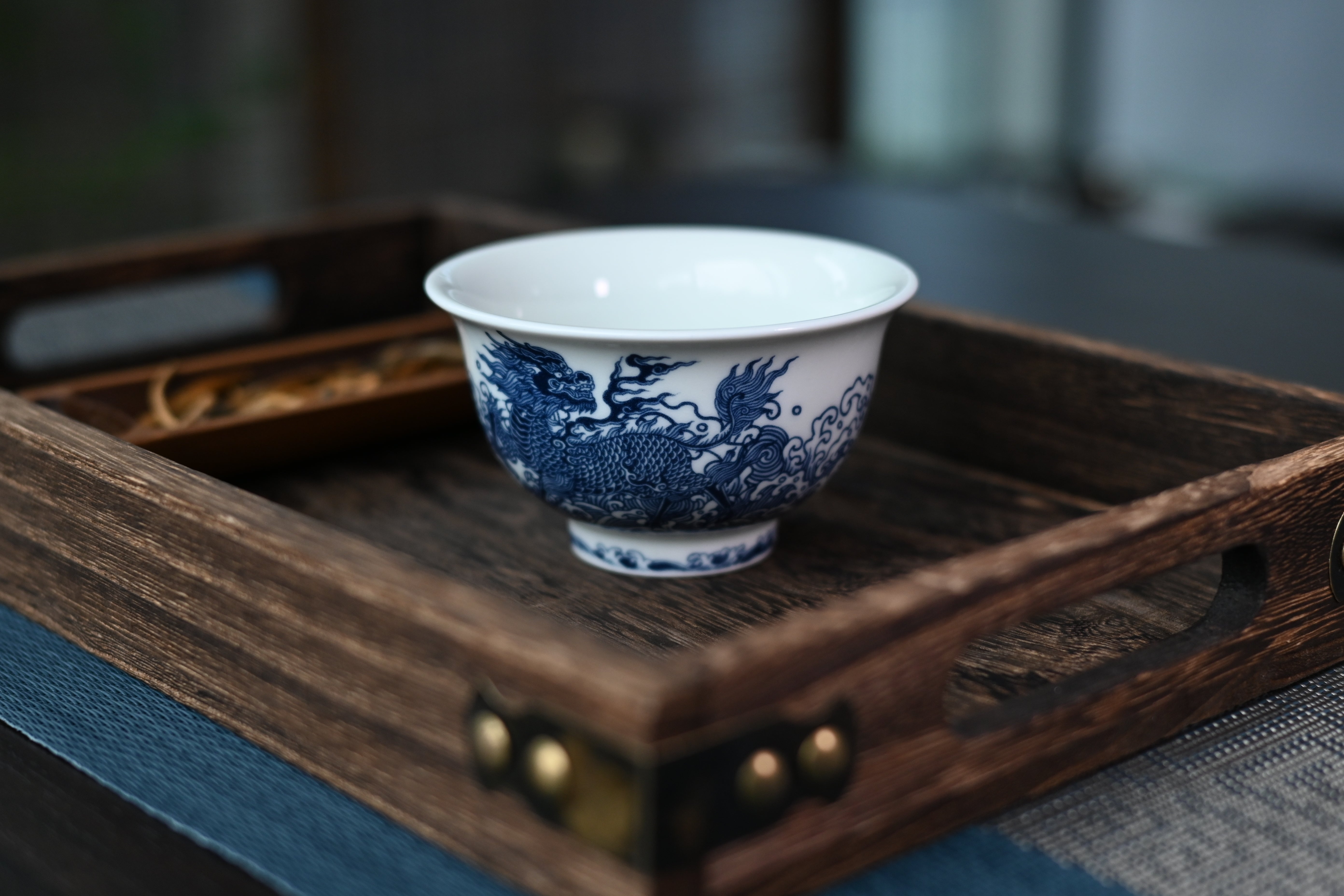 Kungfuyang Jingdezhen Blue and White Host Teacup with Qilin Design, product view 2