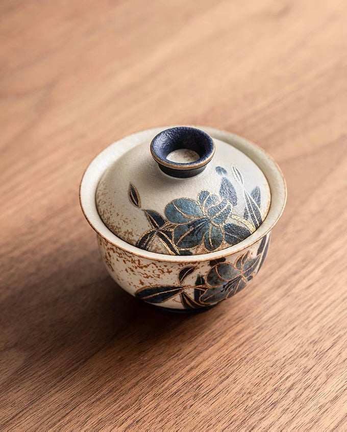 Jingdezhen blue and white ceramic gaiwan – Old Clay Blue-and-White Volcanic Stone Style Caramel Glaze by Kungfuyang