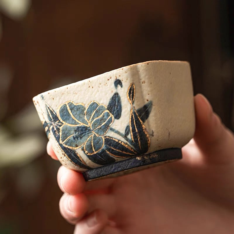 Jingdezhen under glaze hand painted teacup – Old Clay Blue-and-White Volcanic Stone Caramel Glaze Square by Kungfuyang