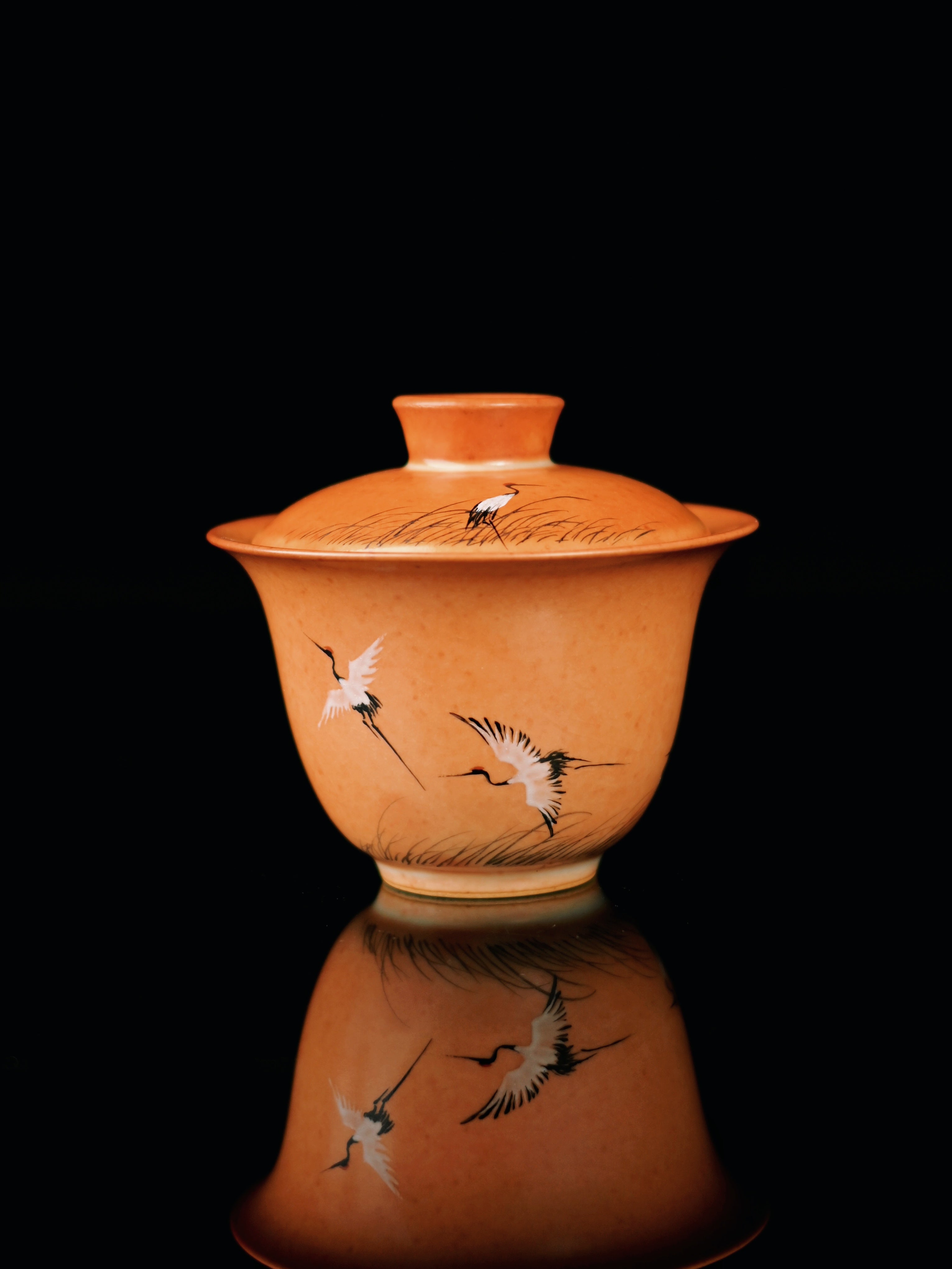 japanese vintage tea ware – Shino Ware Hand-Painted Crane Gaiwan Set by Kungfuyang