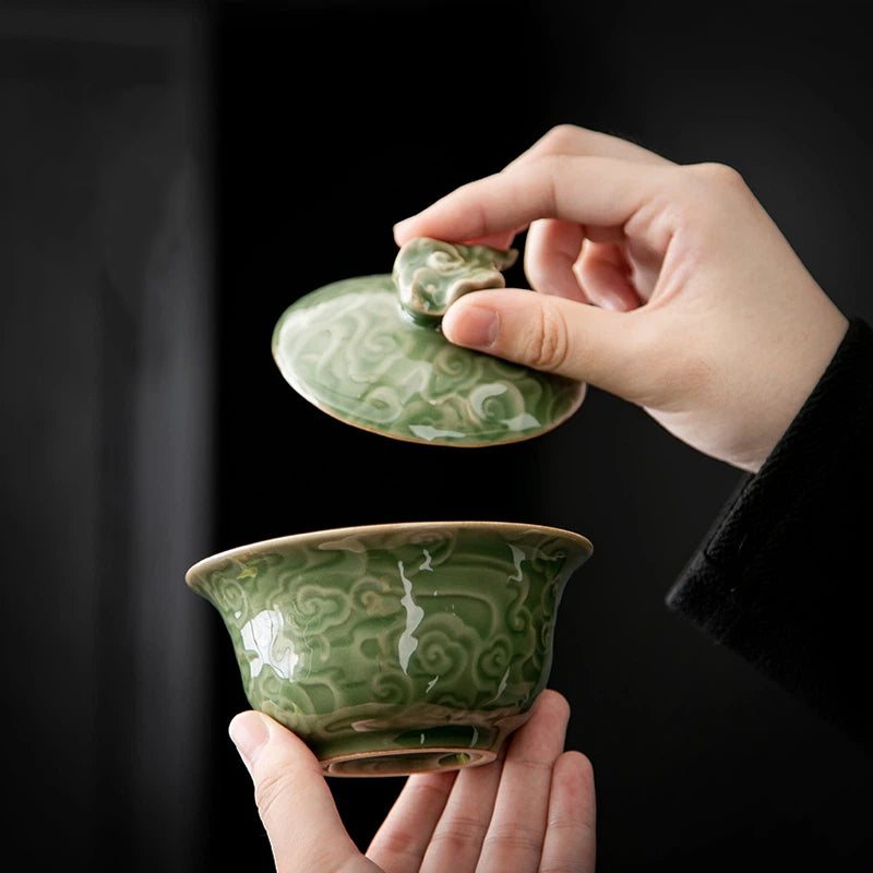 795twae42 – Longquan Celadon Gaiwan with Auspicious Cloud Relief 200ml by Kungfuyang