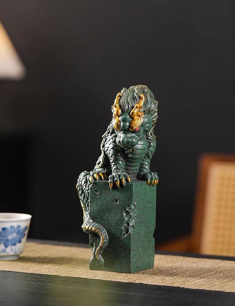 dragon tea companion gold tracing stone – Green Sandstone Winding Dragon Ornament Tea Pet by Kungfuyang