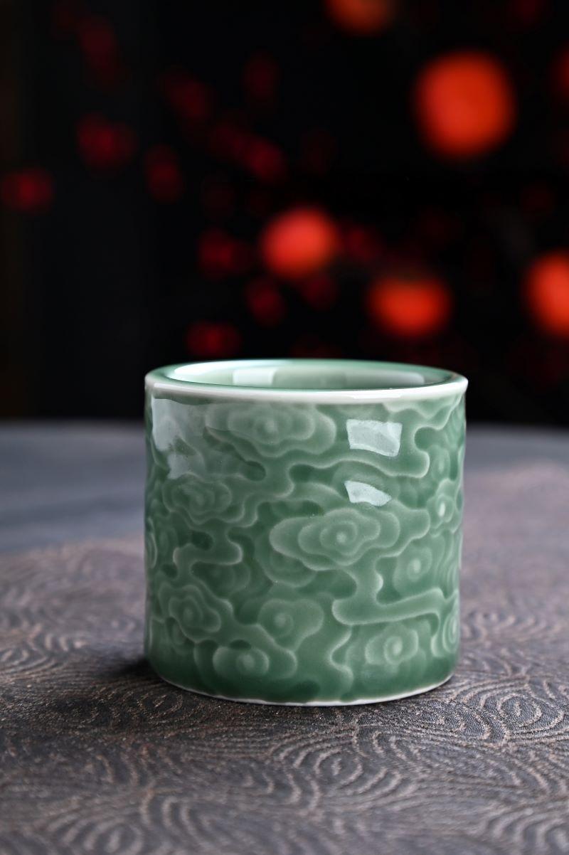 longquan celadon handcrafted cloud – Longquan Celadon Cloud-Embossed Plum Green Cylinder Cup by Kungfuyang