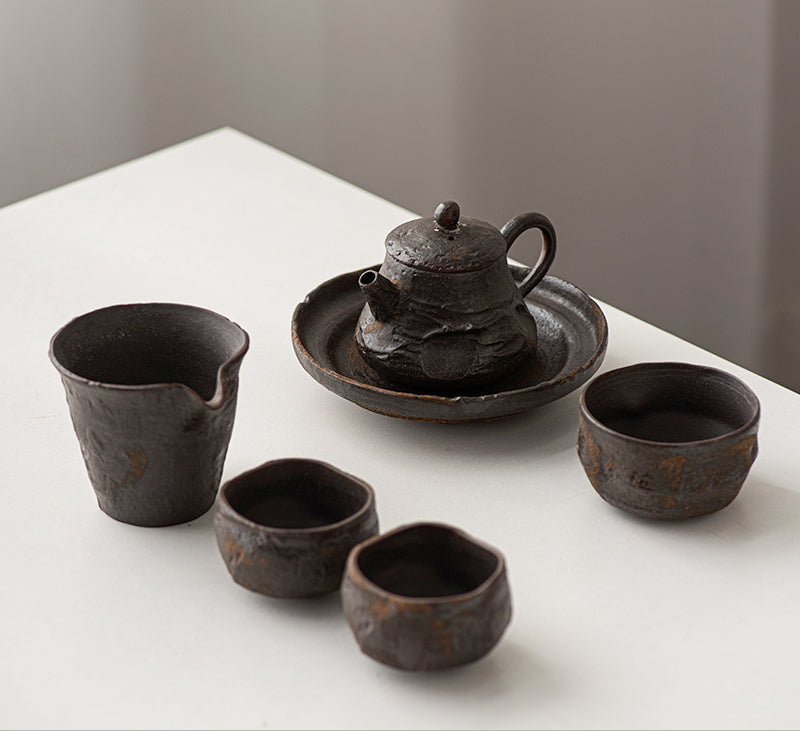 artisan craftmanship tea ceremony set – Wabi-Sabi Handcrafted Wood-Fired Coarse Clay Side-Handle by Kungfuyang