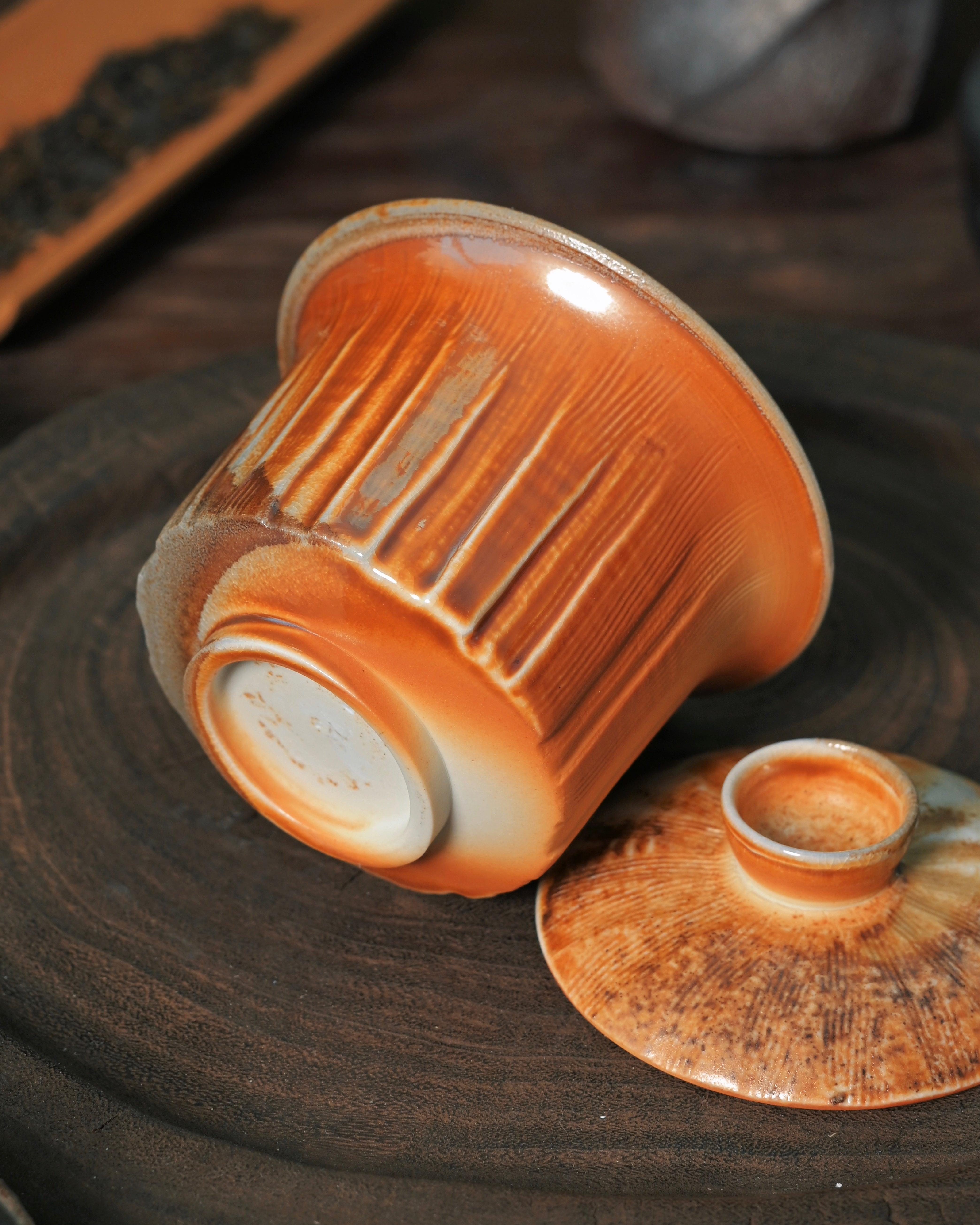 atmospheric firing ceramic gaiwan – Unique Piece Handmade Wood-Fired Horseshoe-Shaped Lidded Bowl by Kungfuyang