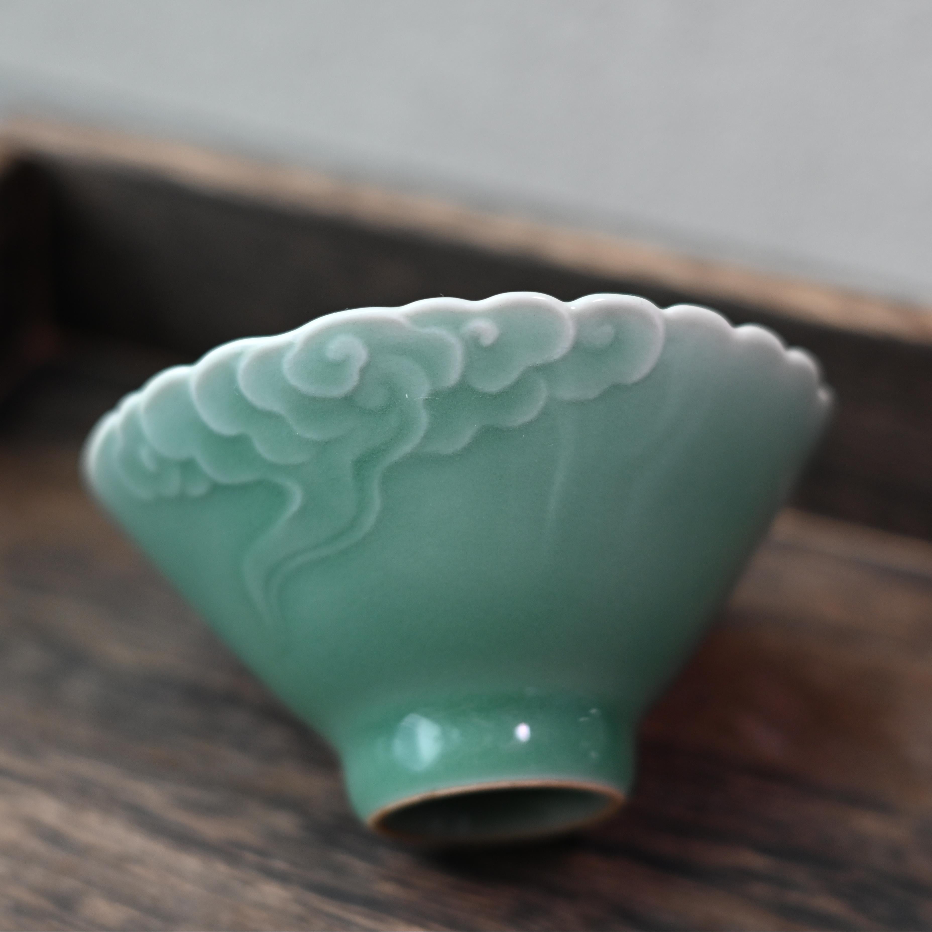 auspicious cloud tea ware – Longquan Celadon Embossed Cloud Patterns Teacup by Kungfuyang
