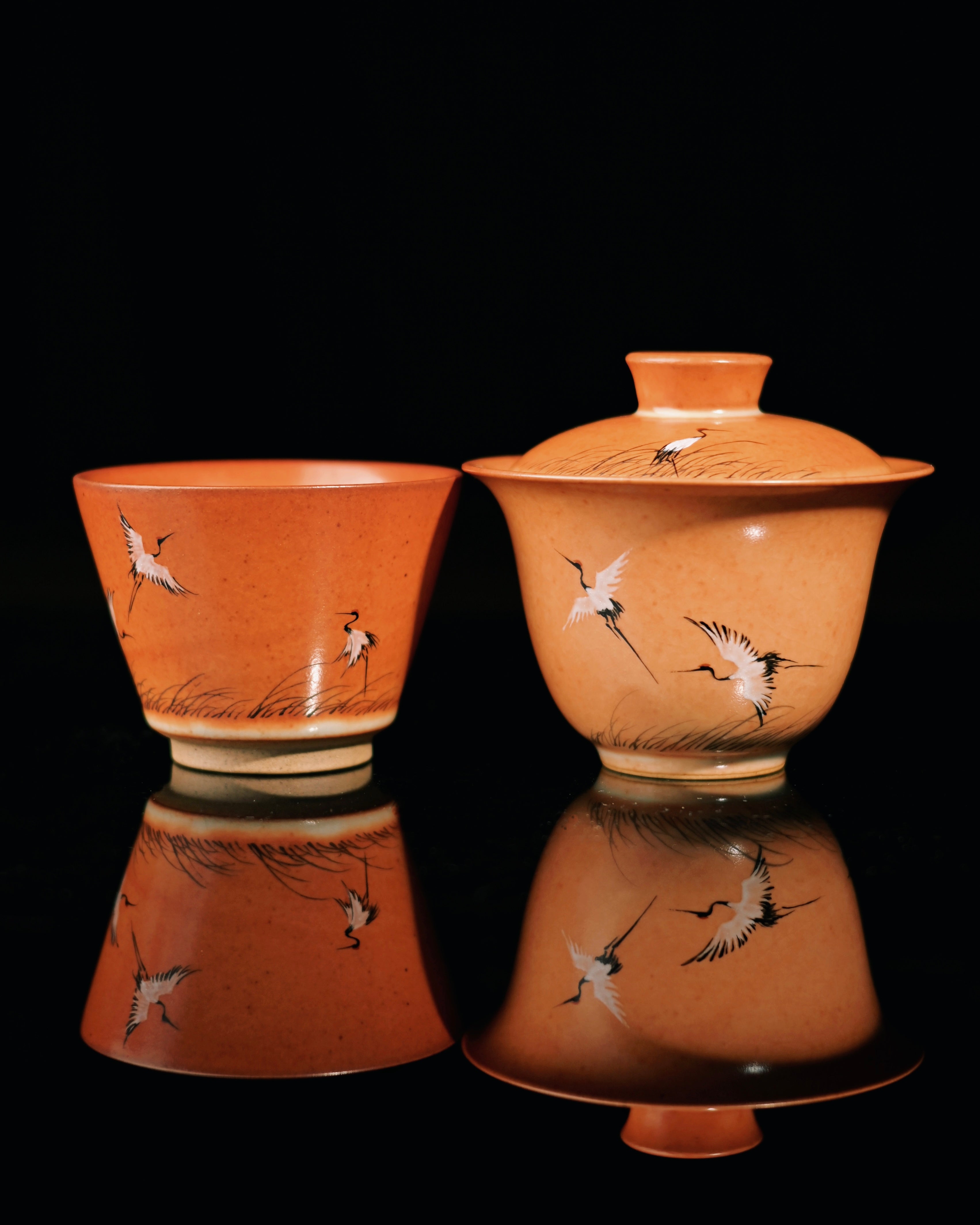 japanese hagi ware tea set – Shino Ware Hand-Painted Crane Gaiwan Set by Kungfuyang
