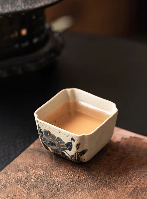jingdezhen square tea cup – Old Clay Blue-and-White Volcanic Stone Caramel Glaze Square by Kungfuyang