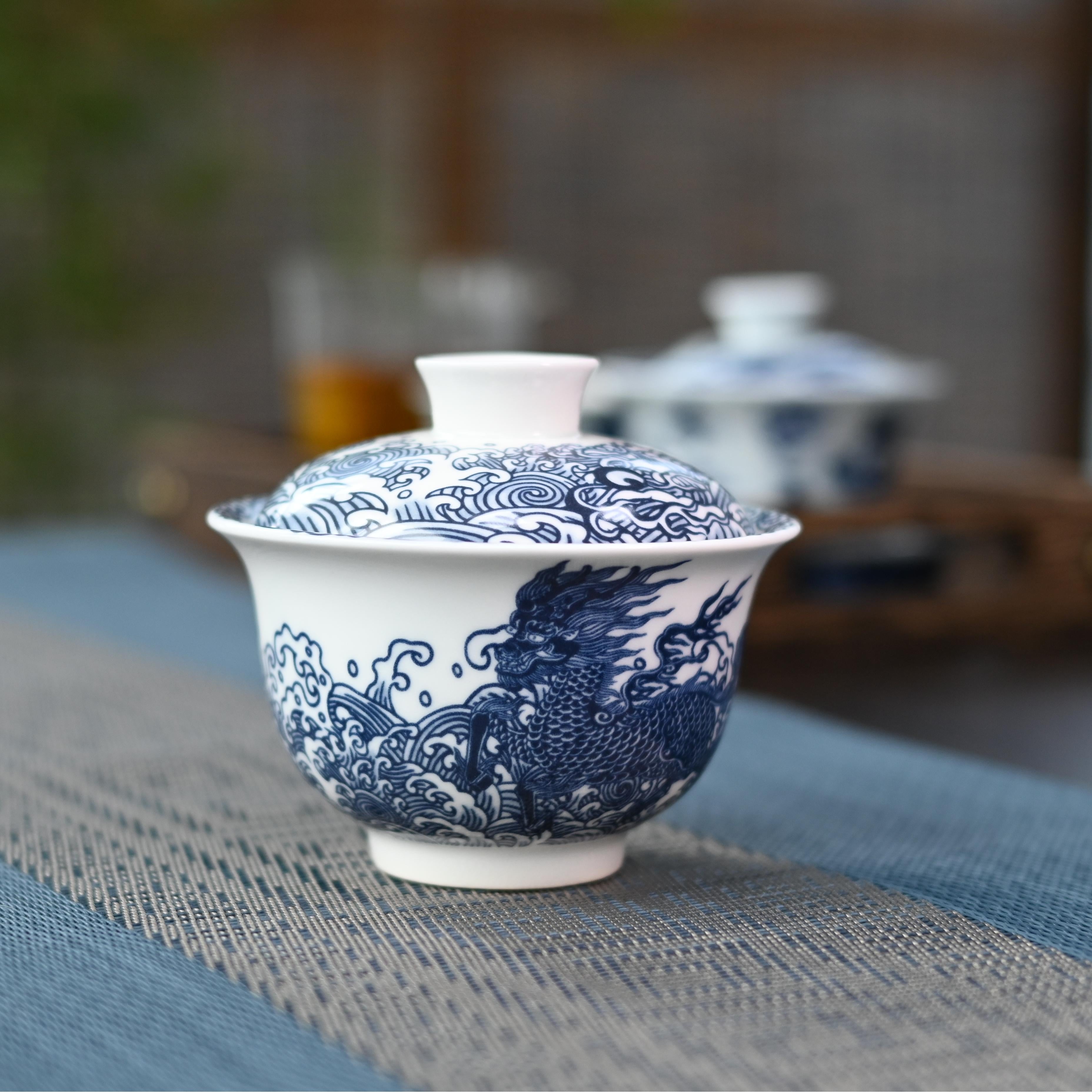 Kungfuyang Jingdezhen Blue and White Tea Bowl with Qilin Design, product view 10