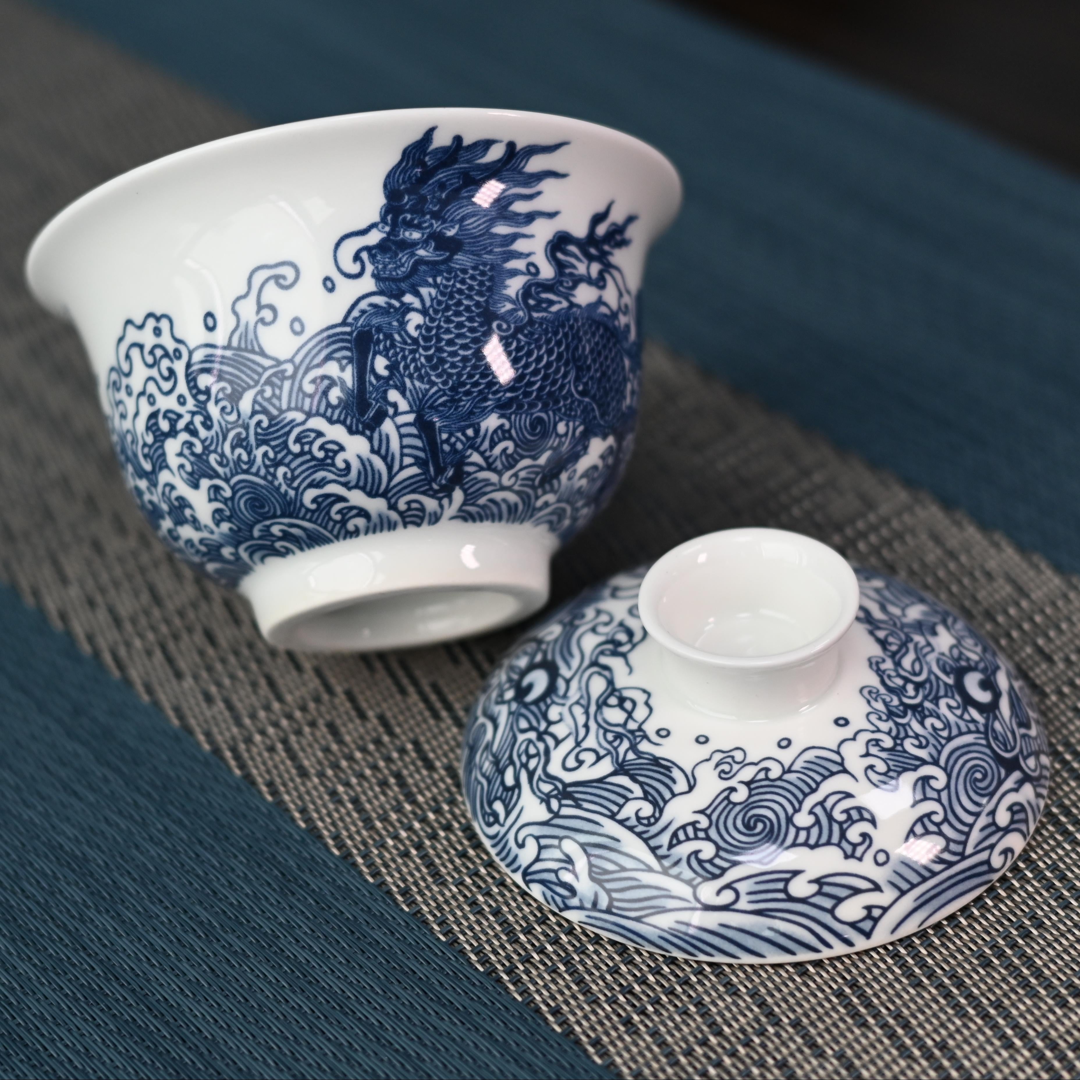 blue and white painting – Jingdezhen Blue and White Tea Bowl with Qilin Design by Kungfuyang