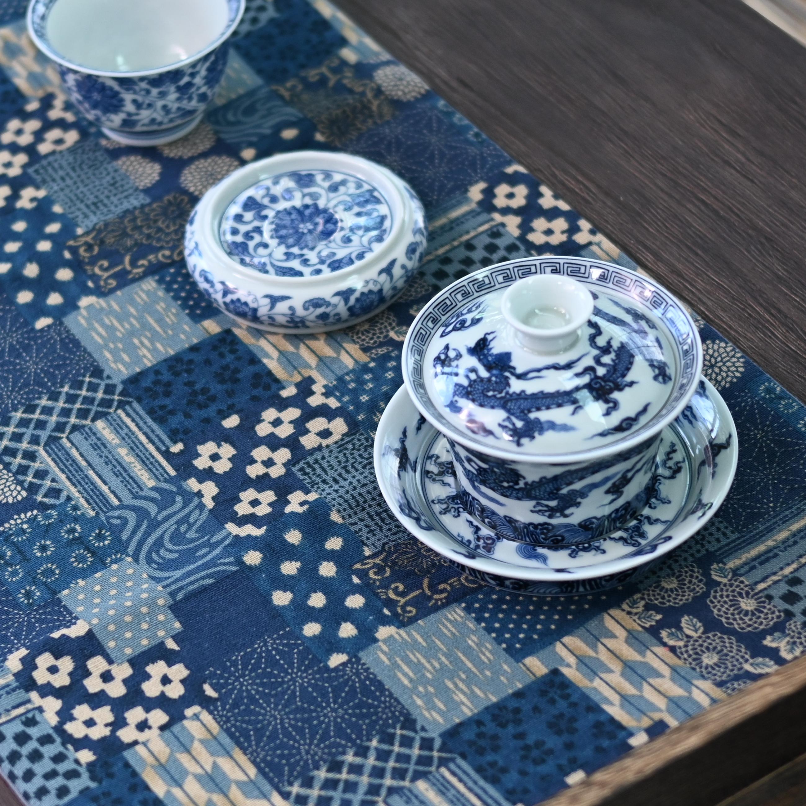 blue and white tea table runner chaxi – Cotton and Linen Printed Absorbent Retro Tablecloth Teamat by Kungfuyang