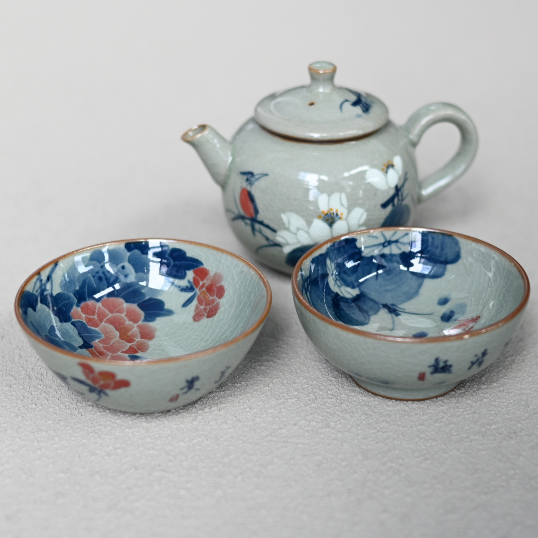 blue and white under glaze painting teaset – Jingdezhen Wood-Fired Kiln Old Clay Hand-Painted Peony Blue by Kungfuyang