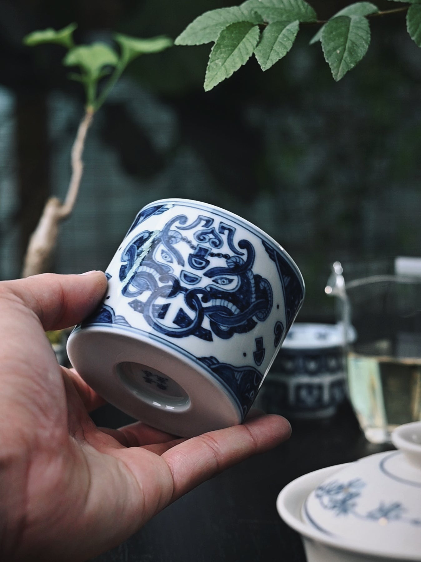 blue and white underglaze hand painted – Jingdezhen Blue-and-White “Taotie”(饕餮）Totem Master Teacup by Kungfuyang