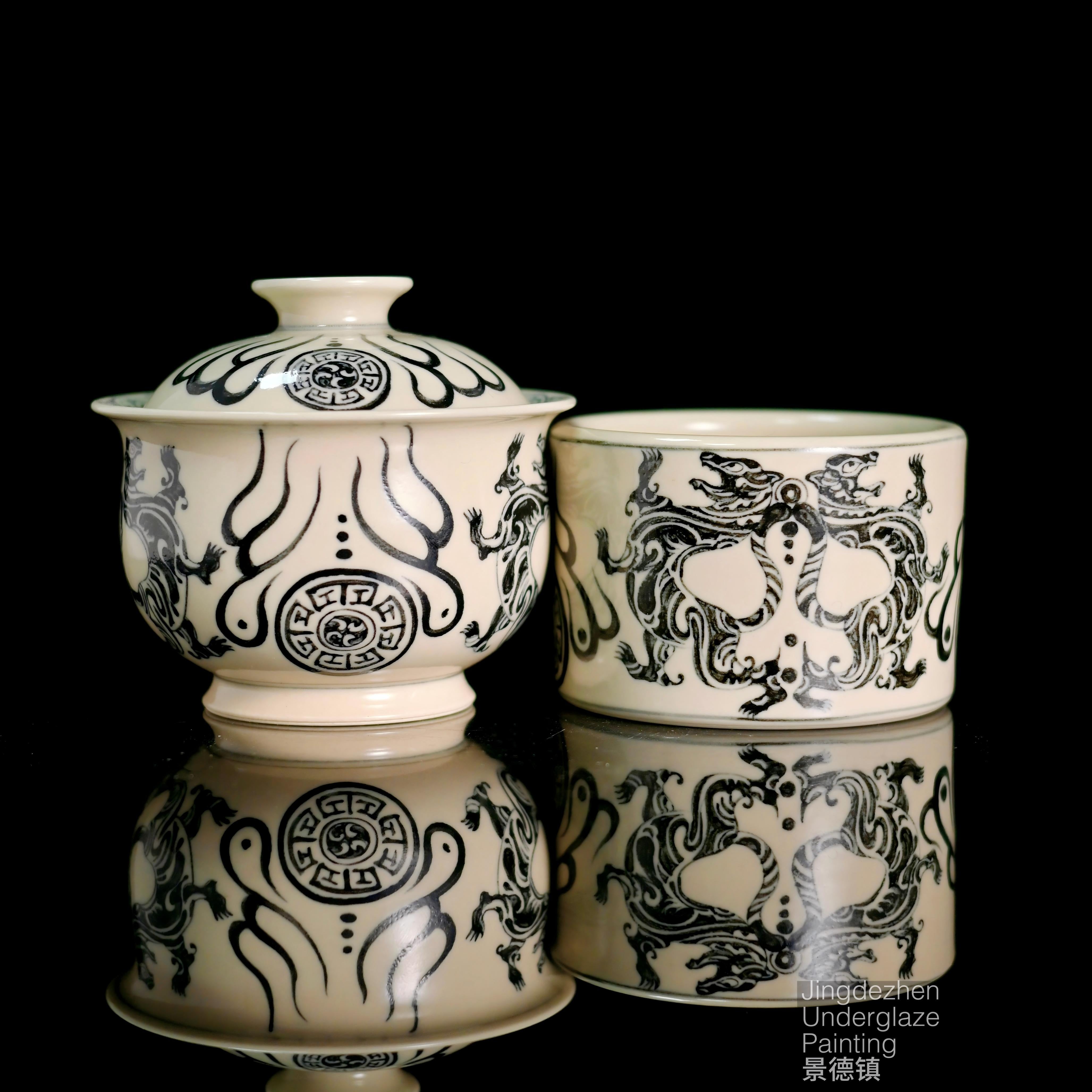 blue white porcelain gaiwan set – Jingdezhen Hand-Painted Blue & White Taoist Motif Gaiwan Set by Kungfuyang