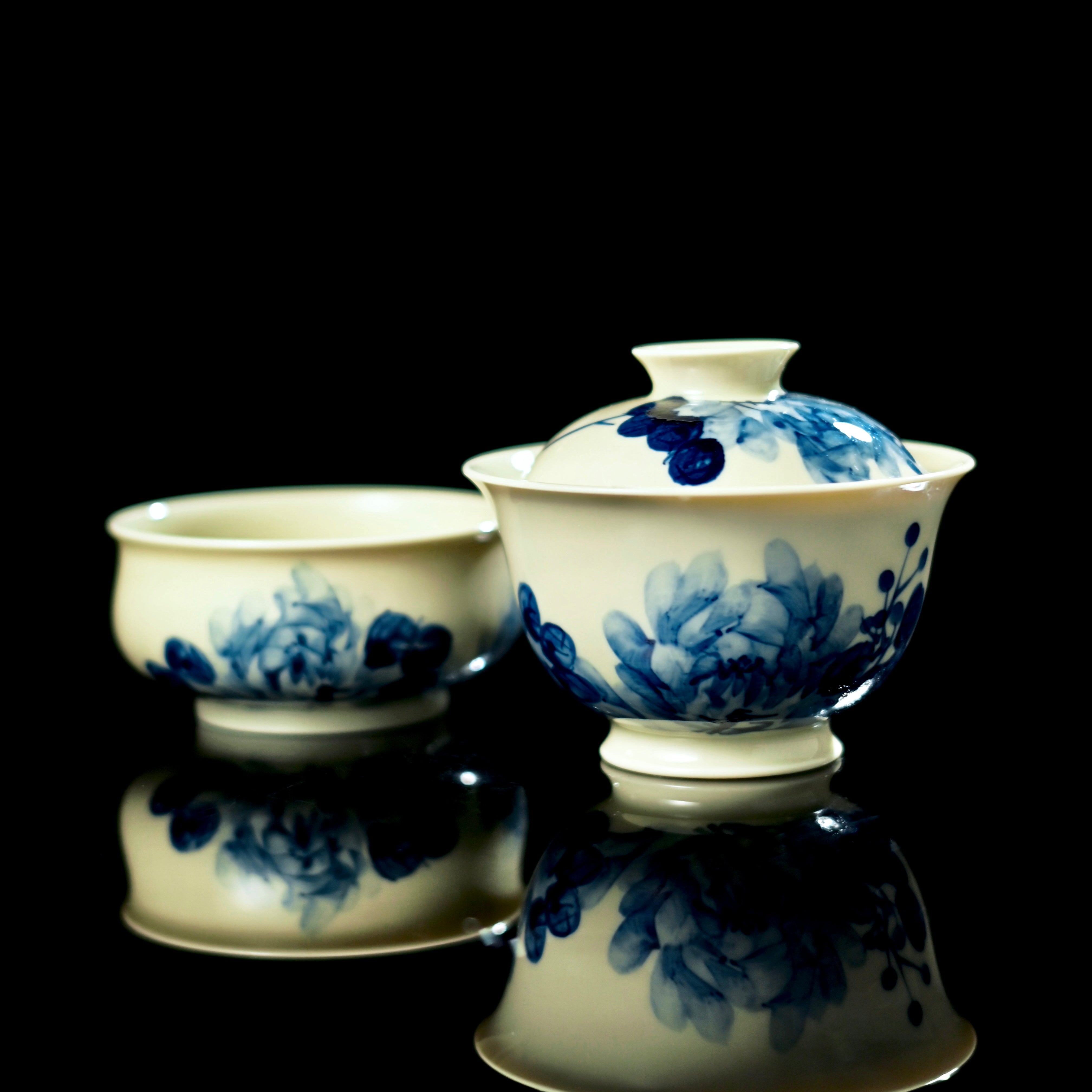 blue white underglaze tea set – Jingdezhen Underglaze Blue-and-White Hand-Painted Peony Gaiwan by Kungfuyang