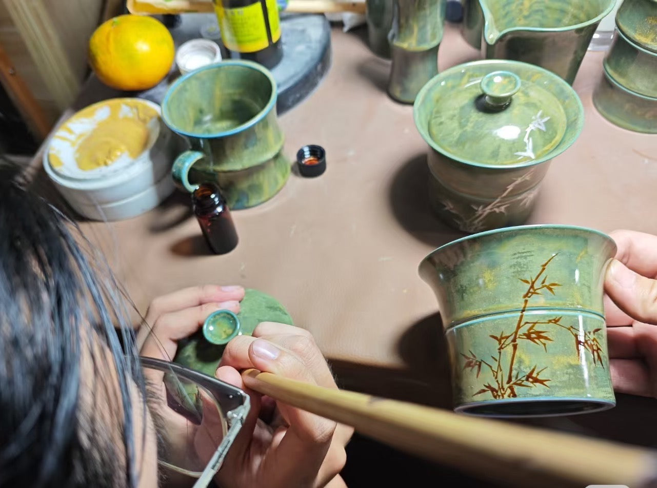 hand painted bamboo motif ceramic gaiwan set – "Bamboo Rhythm" Ceramic Tea Set – A Poetic Fusion of Art & by Kungfuyang