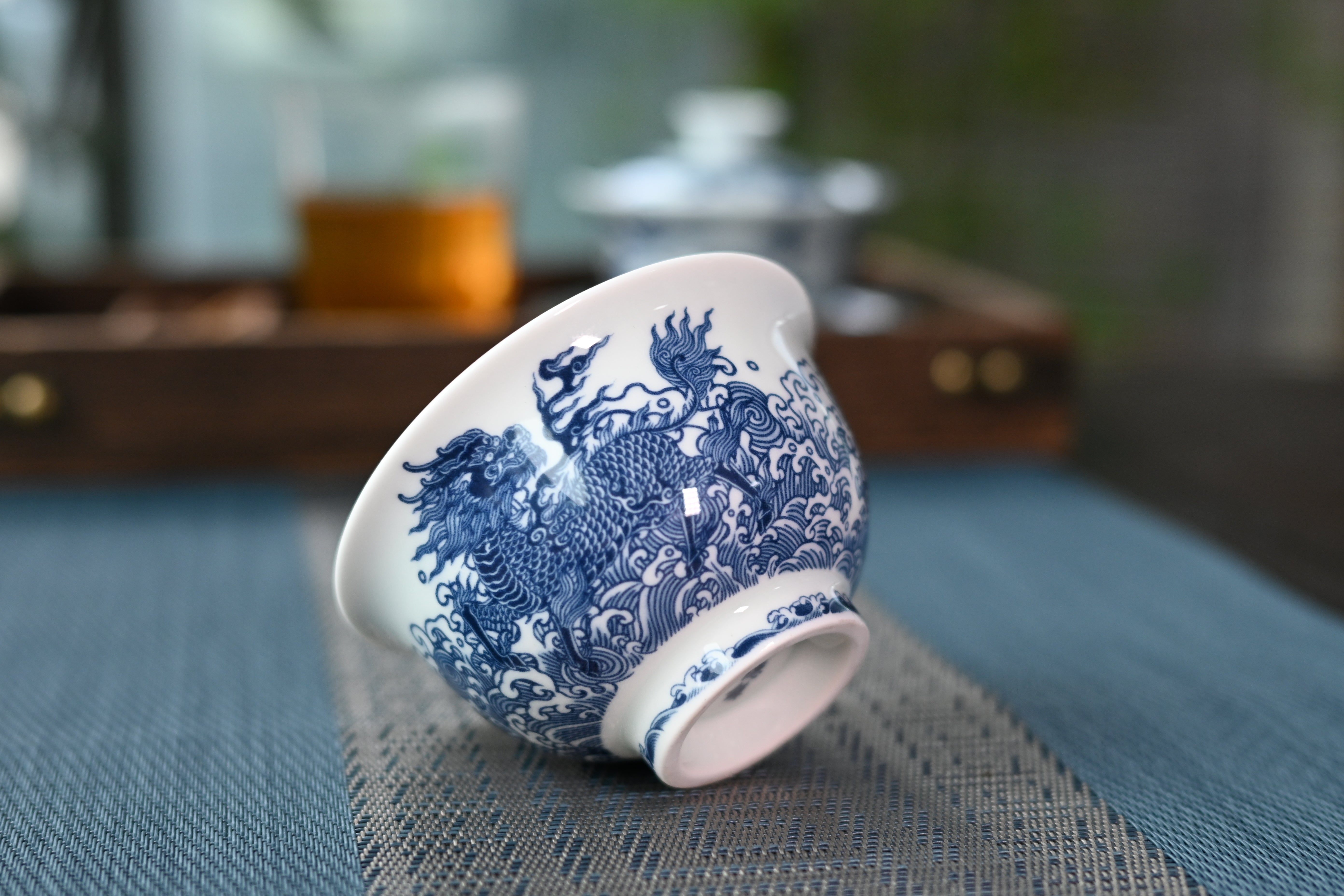 Kungfuyang Jingdezhen Blue and White Host Teacup with Qilin Design, product view 6